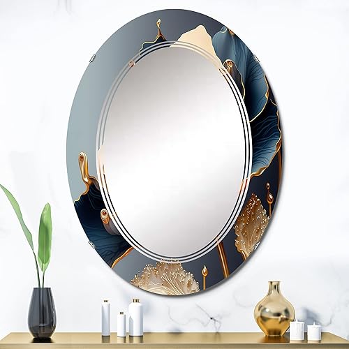 Miniatura 6 de Deep Blue and Gold Single Flower III- Vanity Mirror, Bathroom Mirrors, Wall Mirrors for Living Room, Bedroom - Oval Mirror - Large 20'x30', 24'x36'
