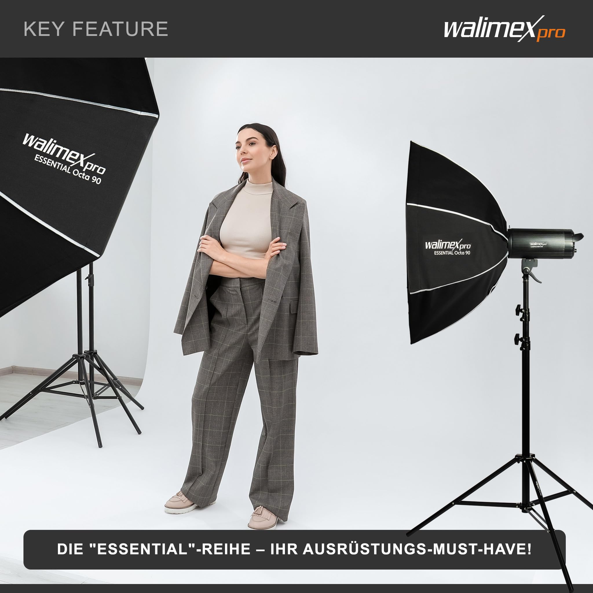 Walimex pro Essential Softbox Octagon 90cm, um 360° drehbar, einfacher Aufbau, inkl. Grid, Bowens Adapter und Transporttasche, ideal für Porträts und Beauty-Aufnahmen