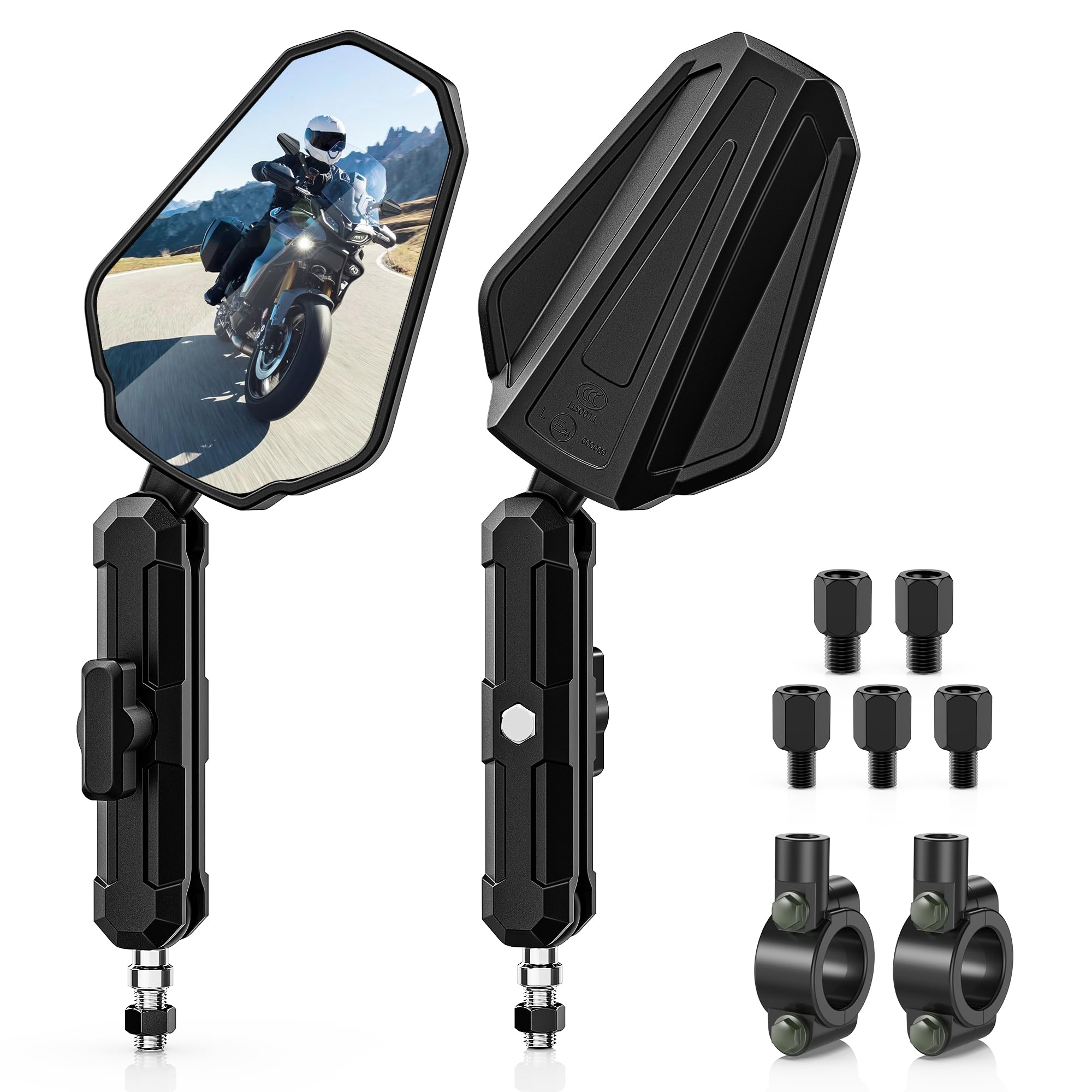 MICTUNING Adventure Motorcycle Mirrors， 360° Adjustable CNC Aluminum Alloy，Foldable 7/8" Handlebar M10 M8 Rear View Mirror Compatible with ATV,