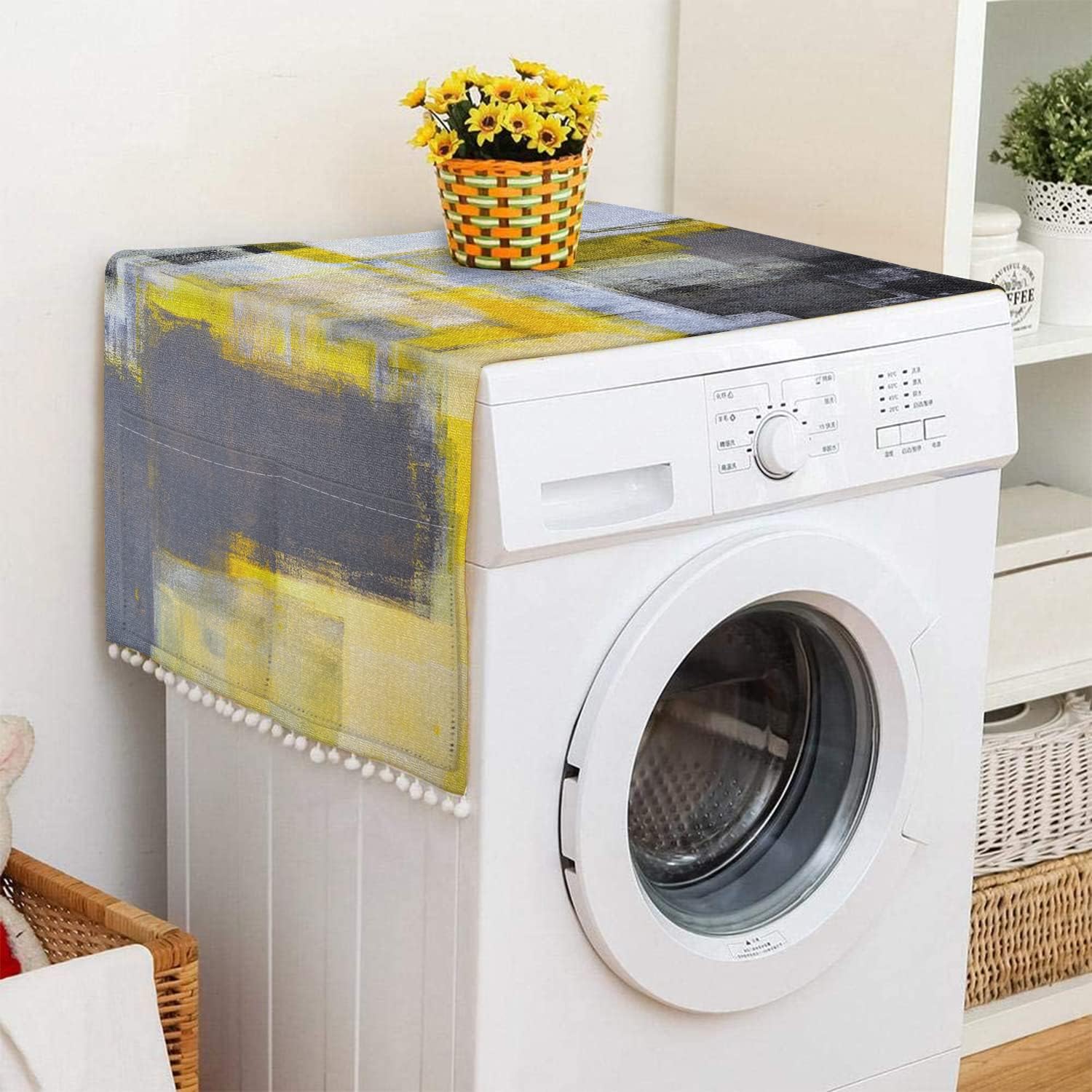 Anti-slip Washer and Dryer Top Covers,Dustproof Washer and Dryer Covers for The Top Fridge Dust Cover With 4 Storage Yellow Gray Abstract Art