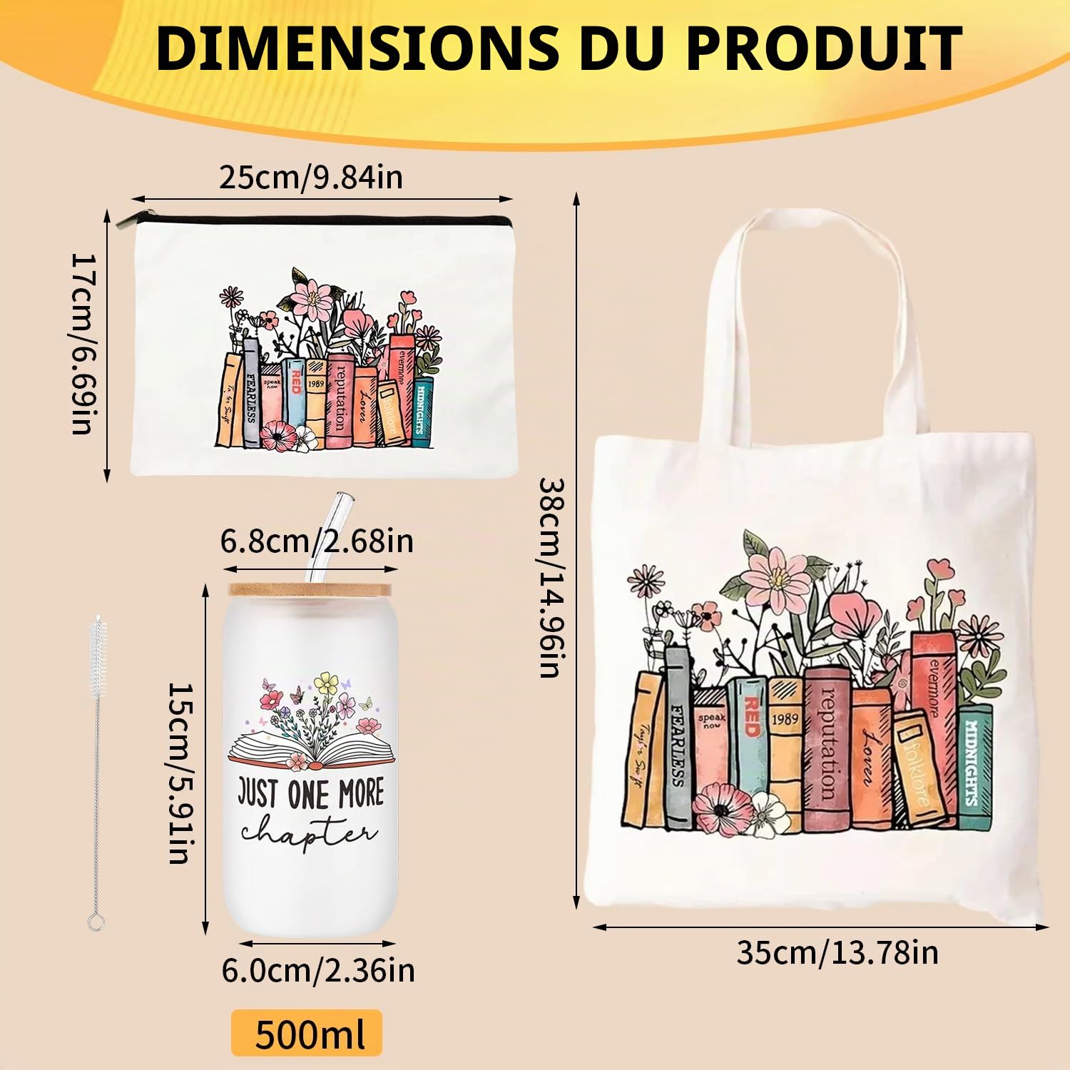 Onperpoe Cadeau d'anniversaire pour les amateurs de livres avec sacs fourre-tout, sacs cosmétiques, bouteilles en verre, bibliothécaire, bibliothécaire, cadeau pour lecteurs, enseignants, étudiants