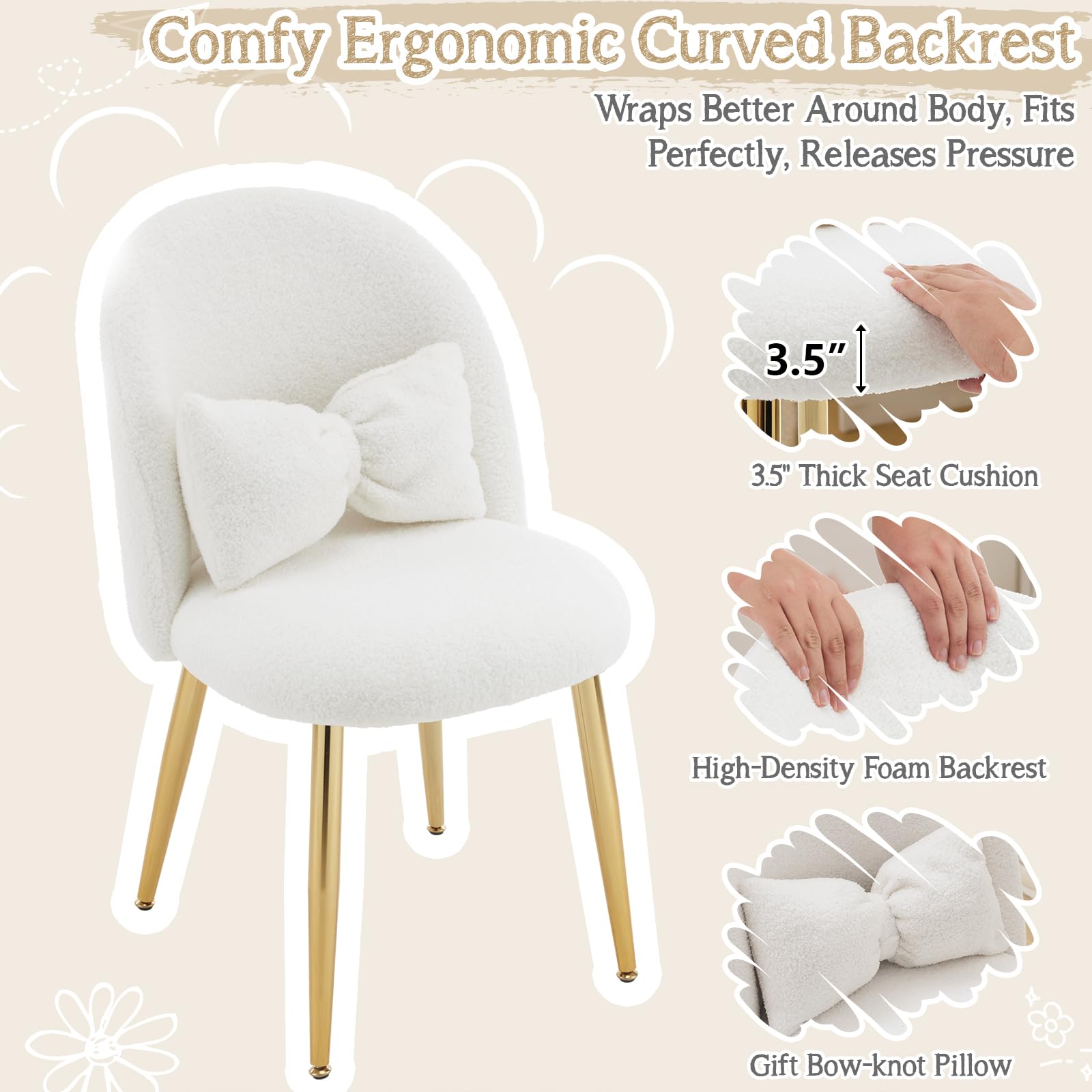 Bonnlo Silla de Maquillaje, Silla Tocador, Sillas de Comedor, Patas Doradas Ajustables y cojín con Lazo para Dormitorio, Sillón Salón para Tocador u Oficina en Casa (Tejido Teddy, Blanco)