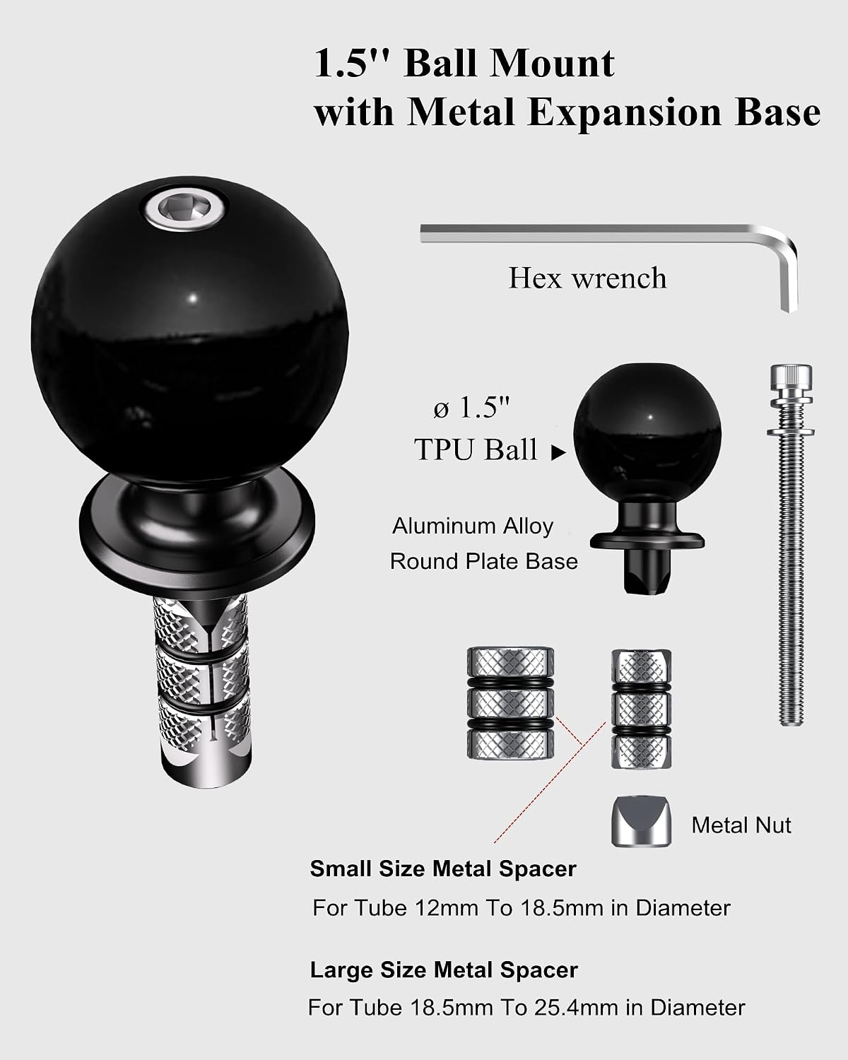 BRCOVAN 1.5'' Ball Mount Base for RAM Mounts C Size Double Socket Arm | Fit Motorcycle Fork Stem Hole 12mm to 25.4mm in Diameter, for Boat Marine Electronics Fish Finder Mounts