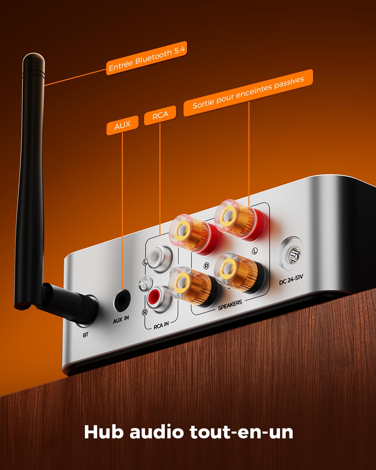 Qlearsoul HiCore H2 Amplificateur stéréo Hi-Fi Bluetooth 5.4 — TI TPA3255 Classe D, 100 W x2 (@ 4Ω), mode BT anti-détournement, hub 3 entrées RCA/AUX/BT pour haut-parleurs passifs, adaptateur 30 V/5 A