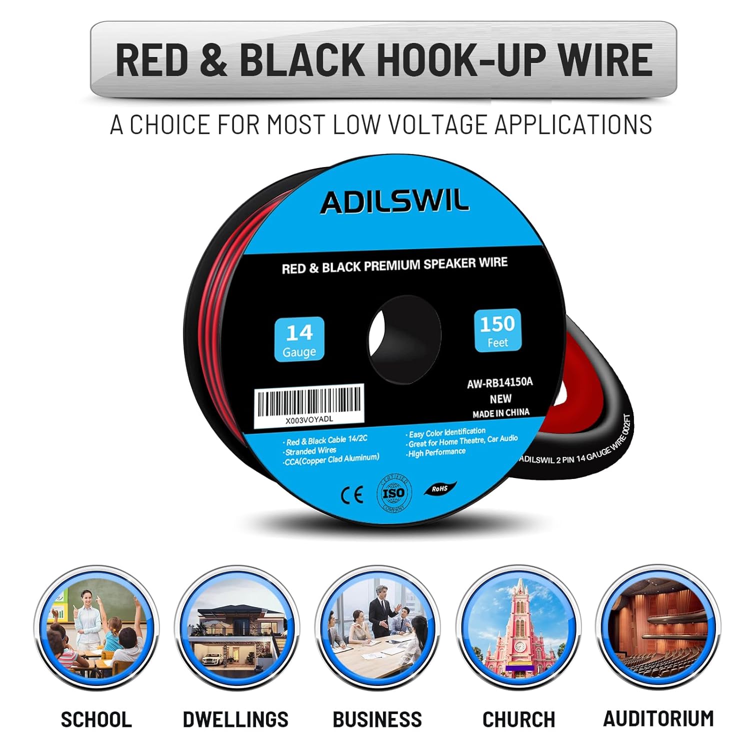14AWG 150FT Speaker Wire, 2 Conductors Electrical Red Black Cable Hookup LED Lighting Strips Flexible Wire Extension Cord 14 Gauge Copper Clad Aluminum Copper Wire 12V/24V DC Cable