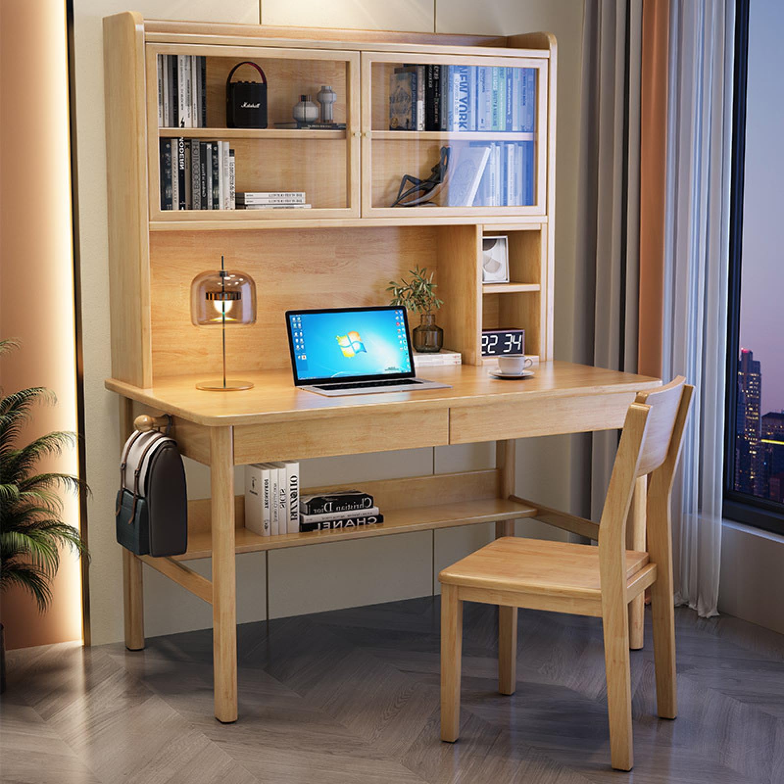 Wdsopk Natural Computer Desk With Drawers & Desktop Hutch, Modern Student Study Table/Workstation With Bookshelf For Home Office - Home（-39Inch）