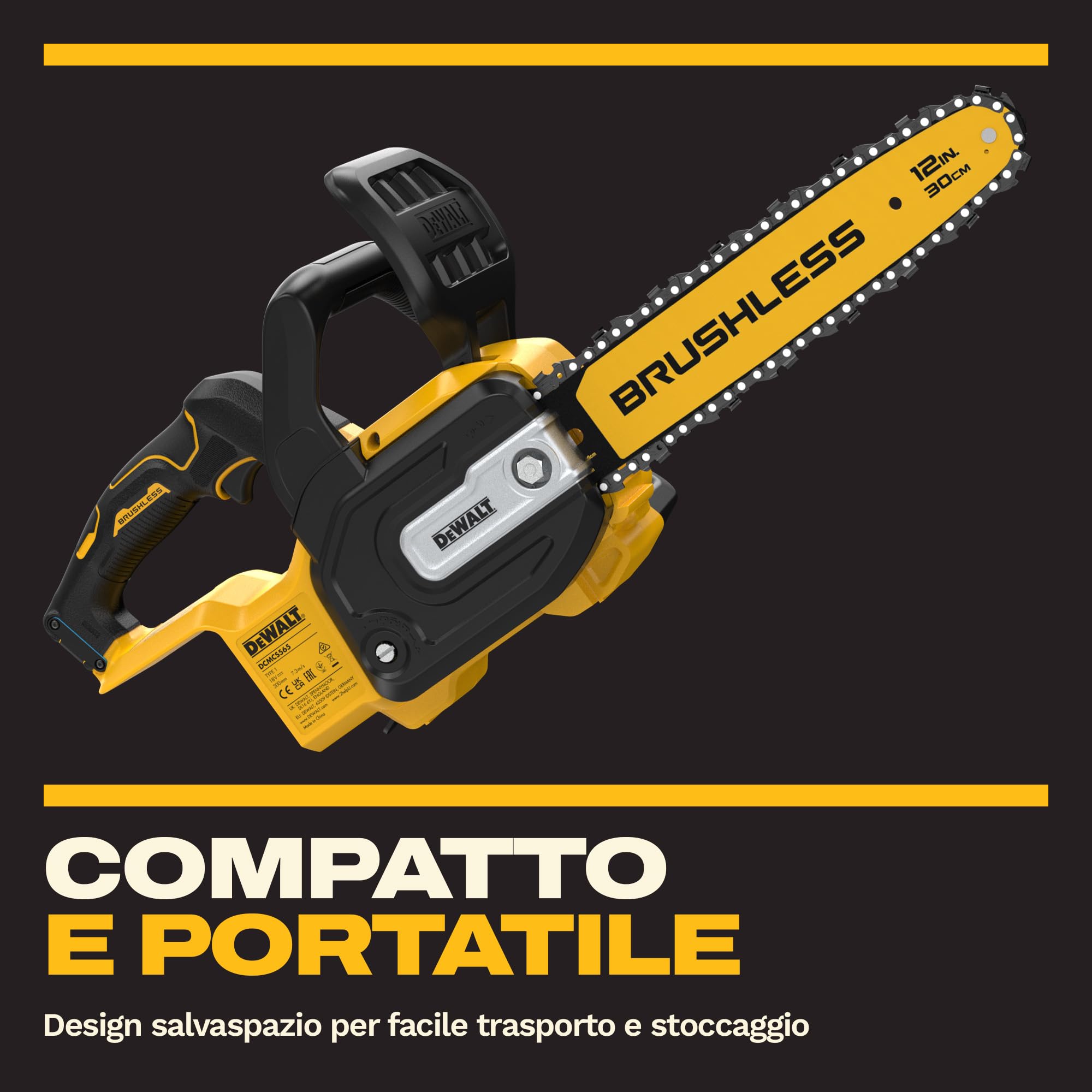 DEWALT Motosega compatta senza spazzole 18V XR 30cm, Solo utensile, DCMCS565N-XJ
