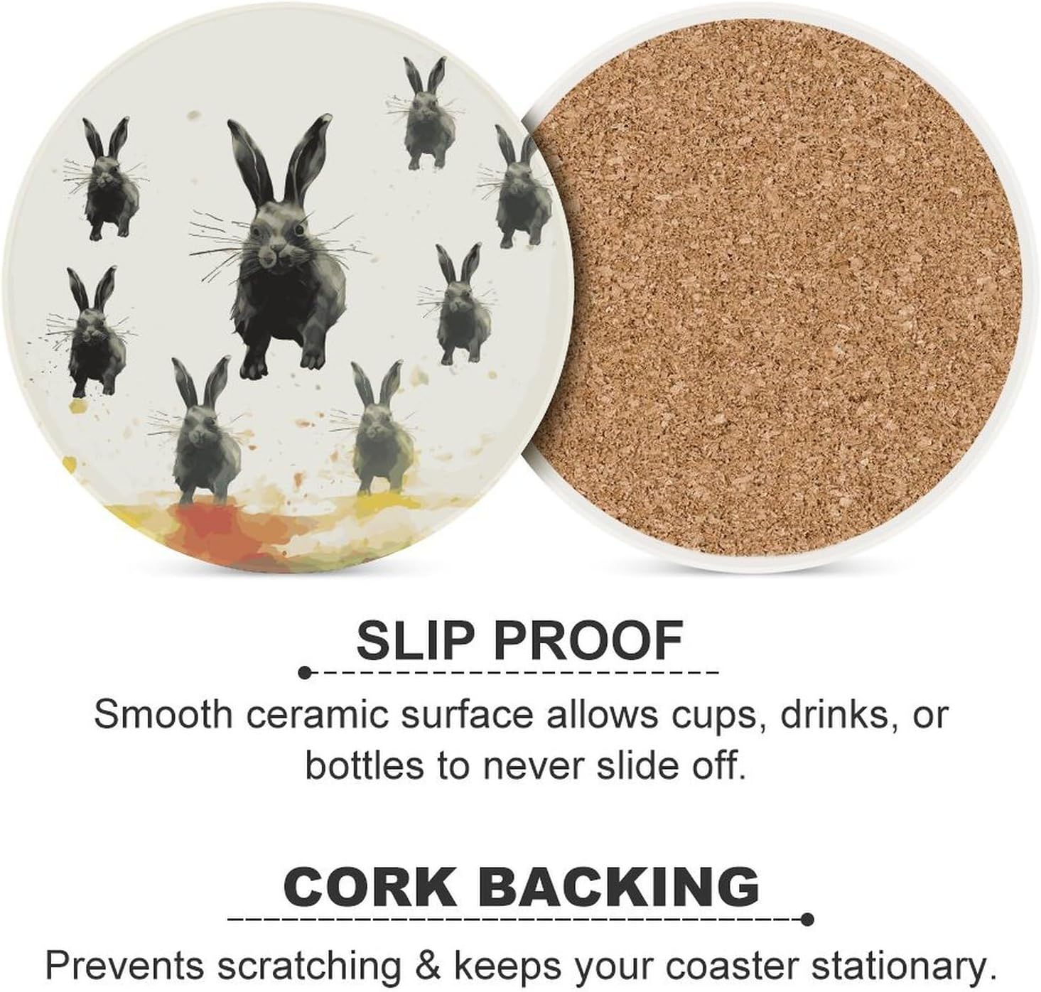 Rabbits in Different Poses Jumping Running Silhouette Coasters Round Coasters Set Ceramic Stone Coaster with Cork Base Coffee Cup Beverage Cup Mat Cute Funny Table Drinks Coaster for Mugs And Cups Off