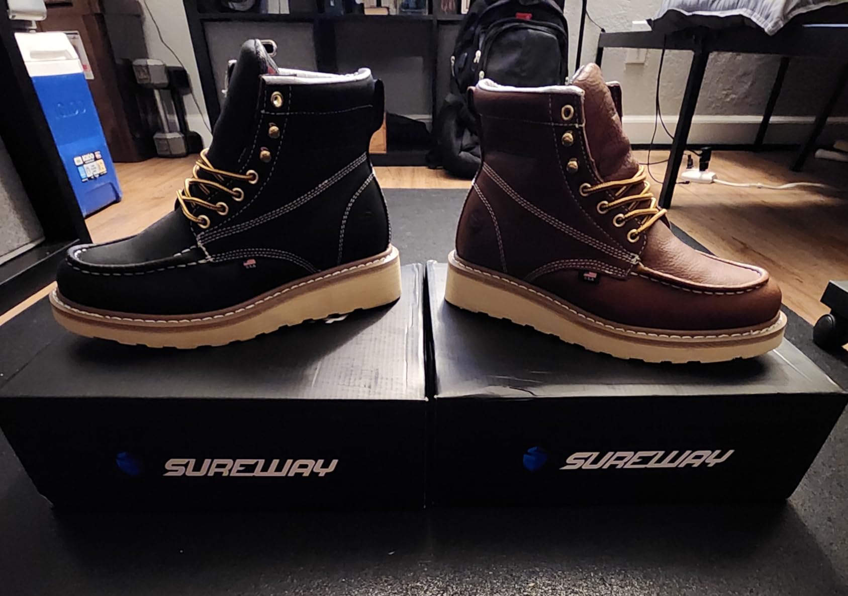 SUREWAY 6 in Mens Soft Toe Work Boots for Men-Full Grain Leather,GoodyearWelt,Non-Slip EH Safety Industial Construction Wedge Moc Toe Work Boots/Shoes
