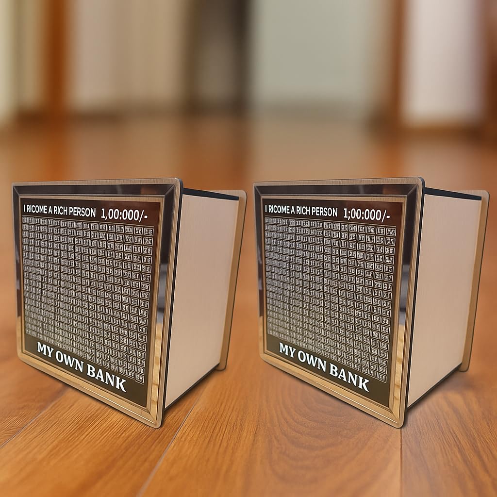 LASER ART My Own Bank Wooden Saving Box – ₹1,00,000 Target Money Tracker | Smart Coin & Note Saving Bank for Kids & Adults | Goal-Oriented Piggy Bank (Motivational Design) (Combo Pack of 2)