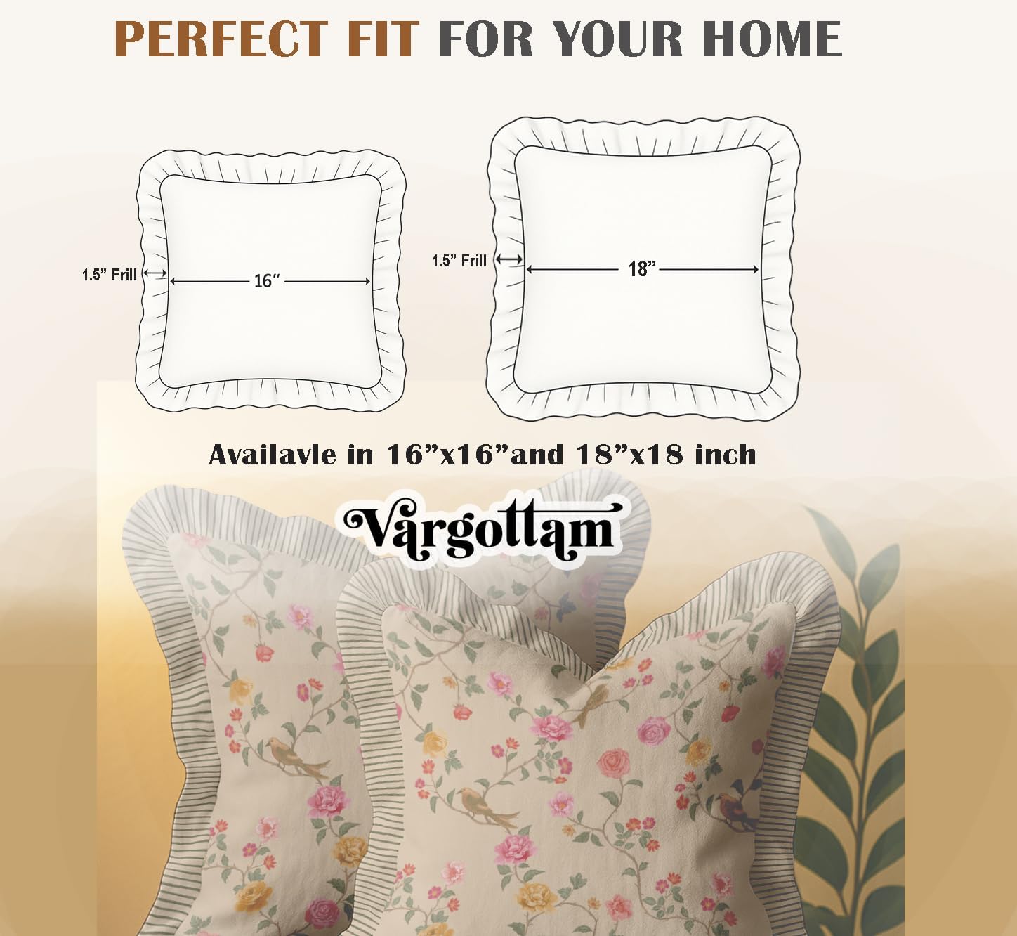 16x16 Cotton Cushion Covers Set of 2 - Double-Sided Printed Frill Pillow Covers with Zipper, Floral Print, Farmhouse Style, 100% Cotton Twill, No Filler