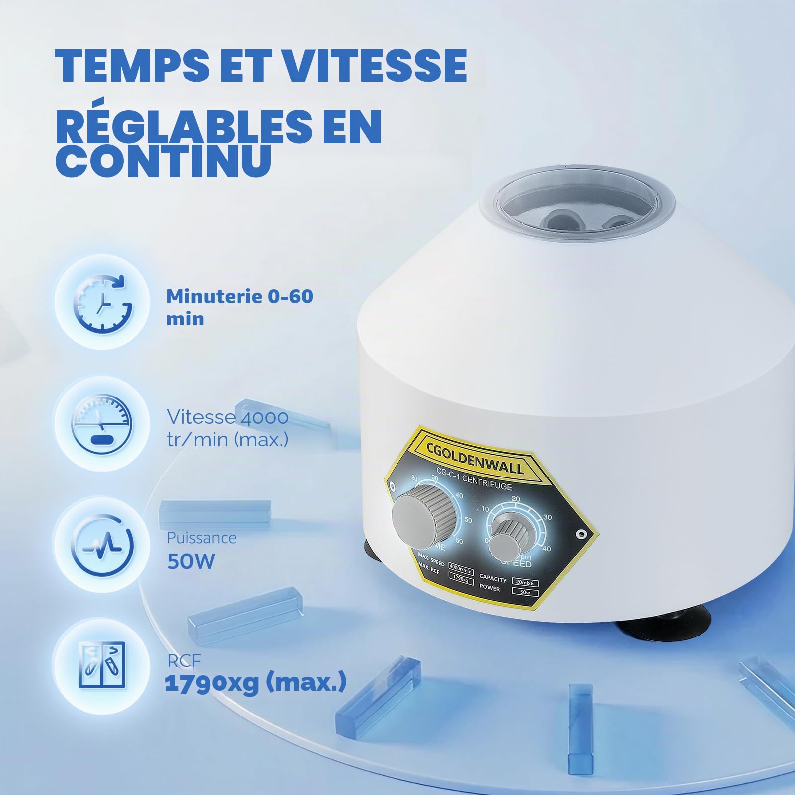 CGOLDENWALL Centrifugeuse de Laboratoire avec Tubes de 6*20ml, Max.Vitesse 4000 tr/min, Minuterie de 0-60mins, Max.RCF de 1790xg, pour La Séparation des Échantillons, Tubes de 5/7/10/15ml Disponibles