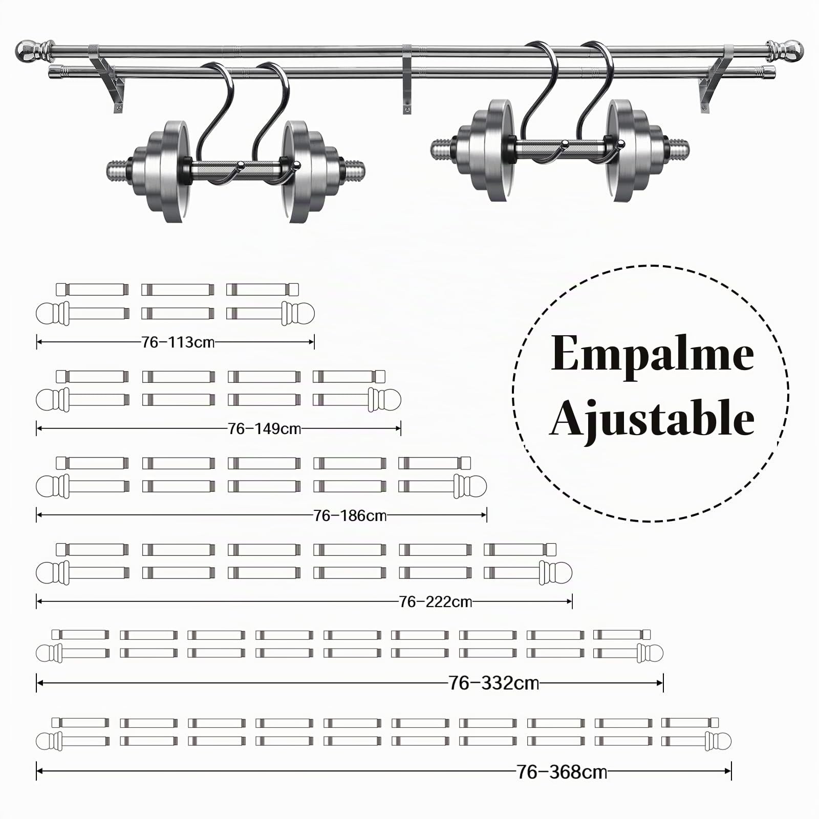 Barra de cortina de metal extensible, acero inoxidable plateado, 76-332 cm, barra de cortina de oscurecimiento para cortinas opacas y de gasa
