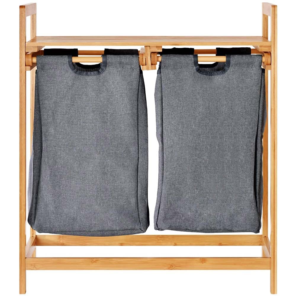 BAKAJI Cesto Porta Biancheria Sporca Casa Struttura in Legno di bambù con 2 Scomparti Portabiancheria Estraibili in Tessuto + Mensola Portasciugamani Dimensione 73.5 x 63.5 x 33 cm Design Moderno