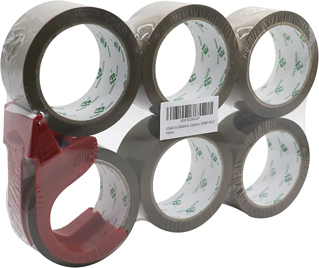 BOMEI PACK 6 Rolls+ 1 Dispenser No Bubble Brown Secure and Sticky Packing Tape,Heavy Duty Packaging Tape for Moving, Parcels Sealing, Shipping,45mic x 48mm x 66m