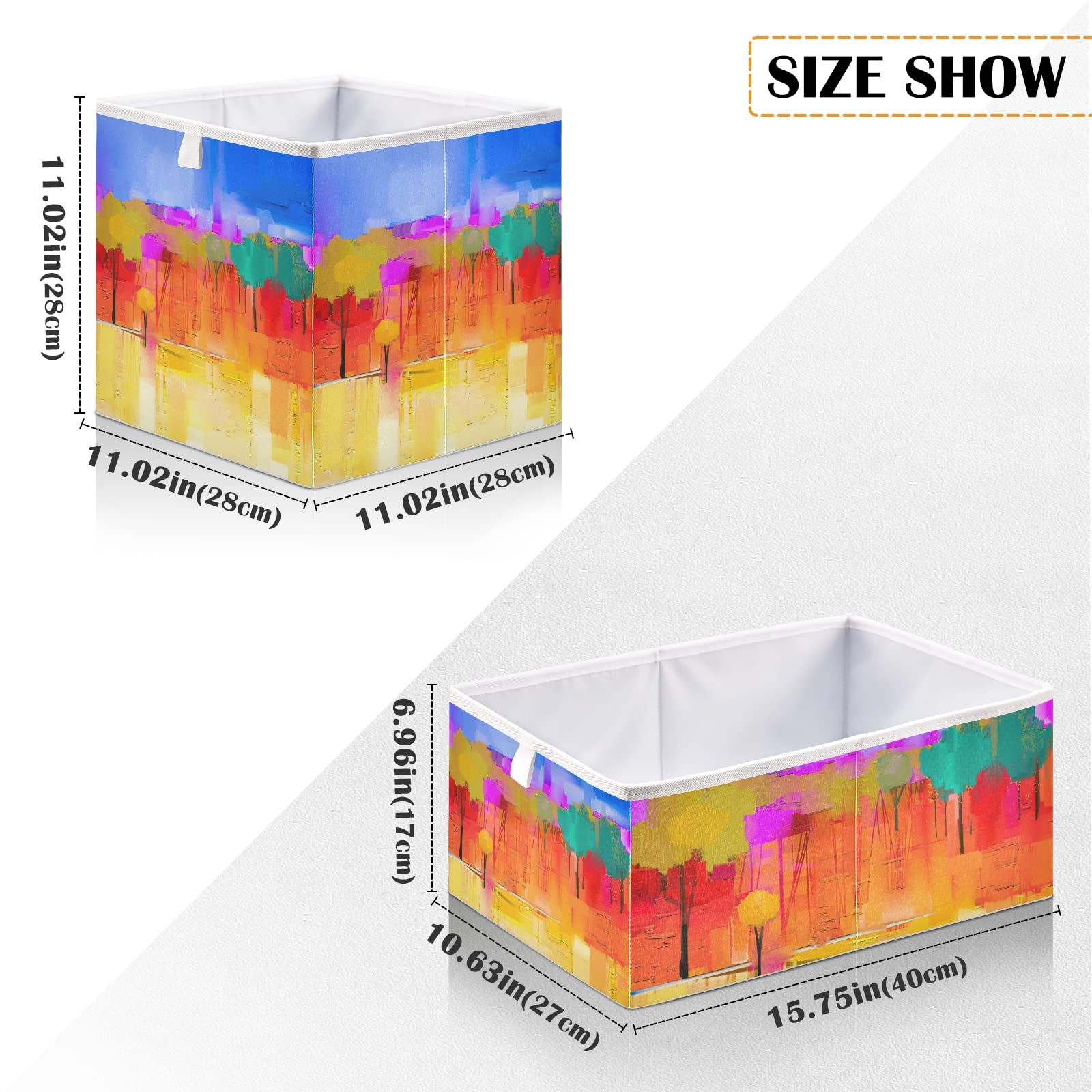 Oyihfvs Trees Field in Yellow Green Pink Red with Blue Sky Rectangle Foldable Cube Storage Basket Collapsible Fabric with Handles Organizer Clothes for Home Bedroom 15.7 x 10.6 x 7 in