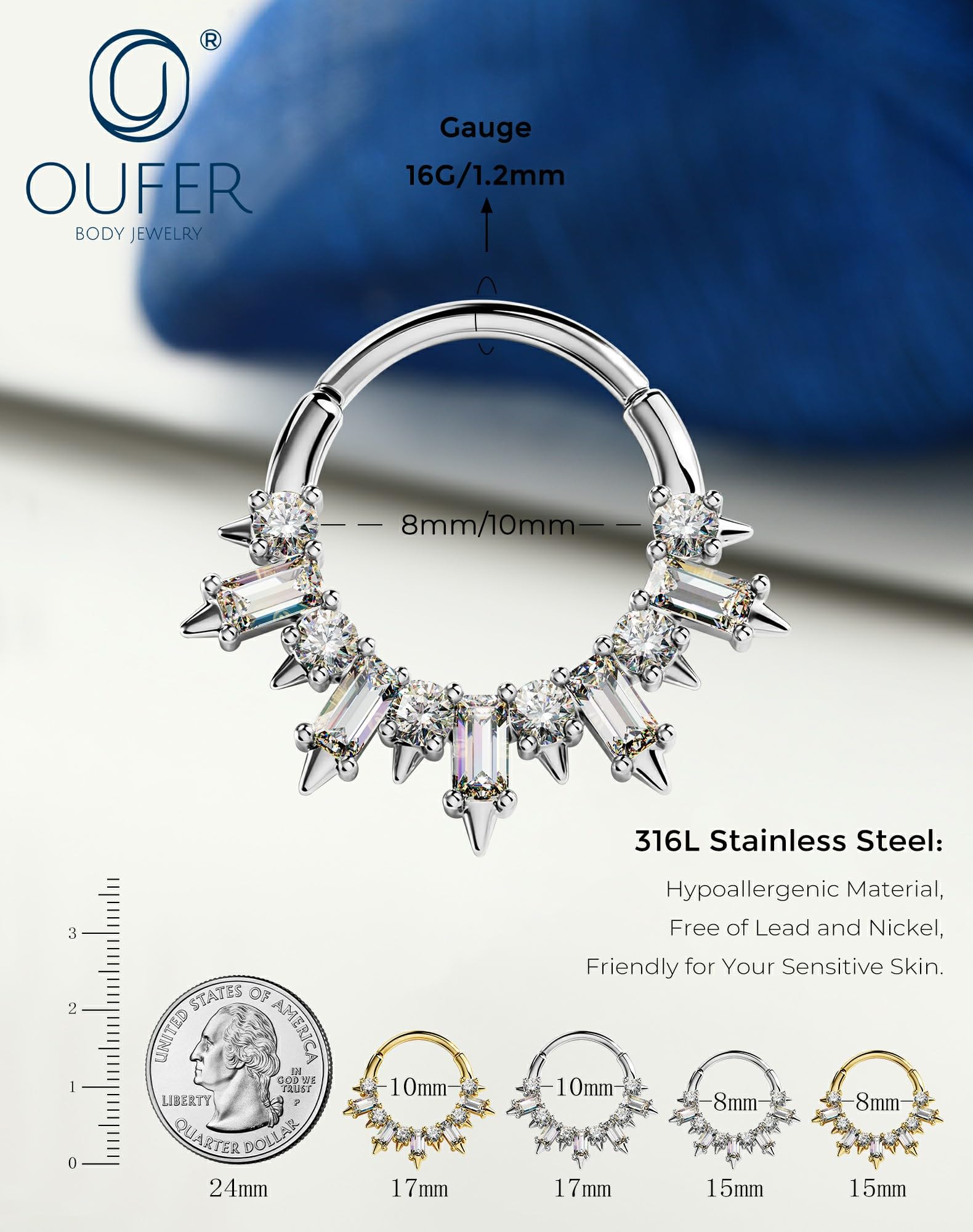 OUFER Gold Septum Rings 16G 8/10MM 316L Surgical Steel Septum Piercing Jewelry, Square Clear CZ Hinged Segment Daith Piercing Jewelry, Daith Helix Rook Earrings For Women Men: 16G 10MM Gold