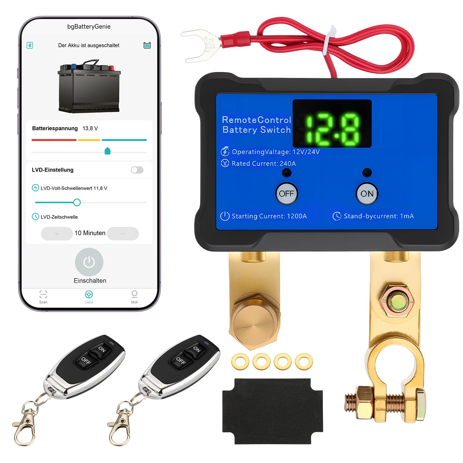 GEARMONSTER Drahtloser Ferngesteuerter Batterietrennschalter, 12V 240A, mit Led-Spannungsanzeige, App-gesteuert, Anti-Diebstahl, Batterie Kill Switch für Auto, Wohnmobil, ATV, LKW, Marine, Blau | Fernbedienung, Batterie Kill Switch, Bluetooth, Anti Diebst