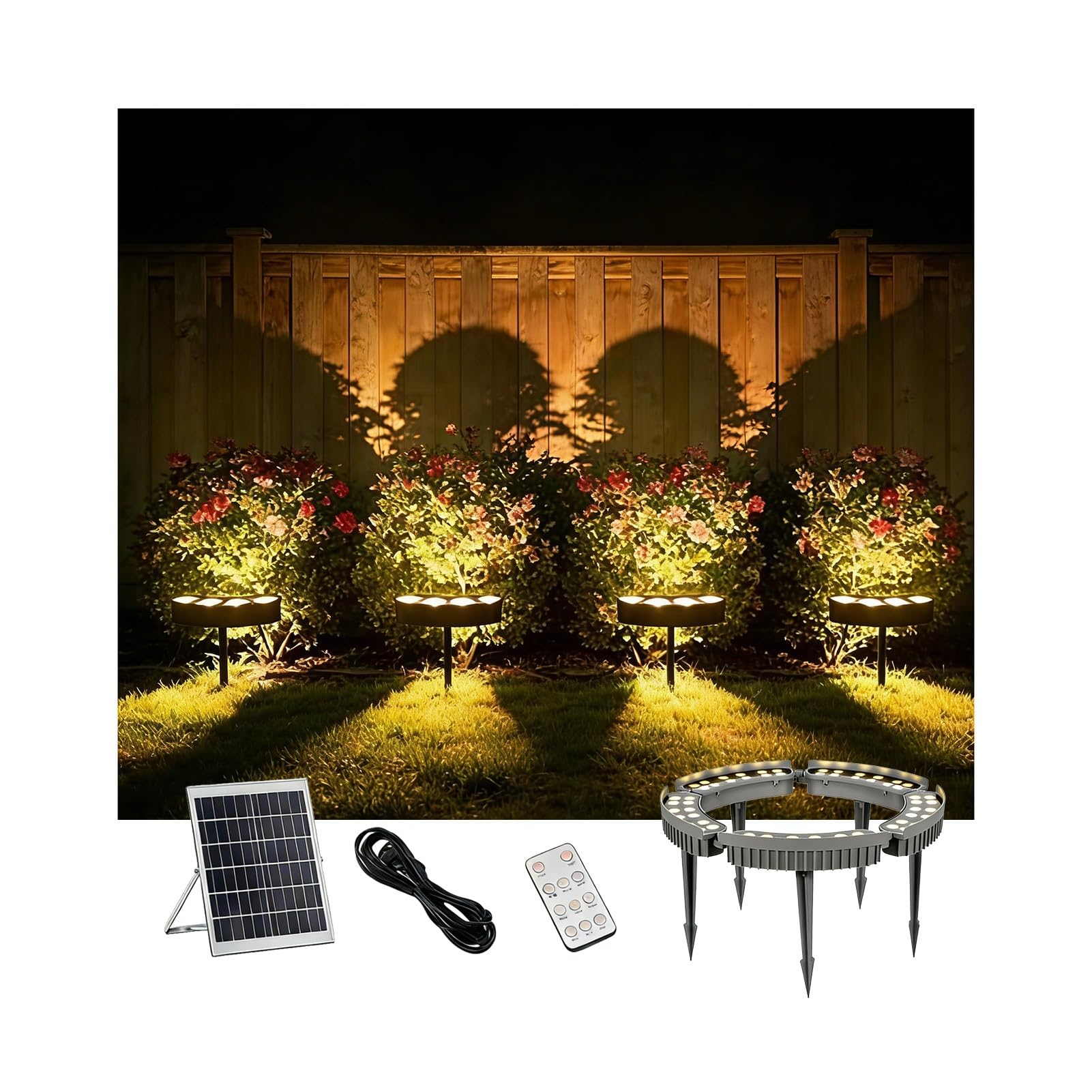 Lampa ogrodowa LED, solarne oświetlenie drzew z pilotem zdalnego sterowania – pierścienie 60 W do użytku na zewnątrz do dekoracji trawników i ścieżek, idealna do ogrodów, tarasów i imprez