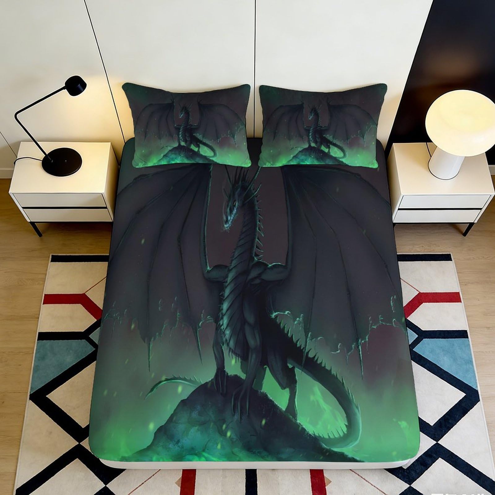 3D Printed Dragon Fitted Sheet Microfiber Soft Breathable Fantasy Creature Bed Cover for Bedroom Dormitory Guest Room Mattress Protection Decor 200x200x25cm
