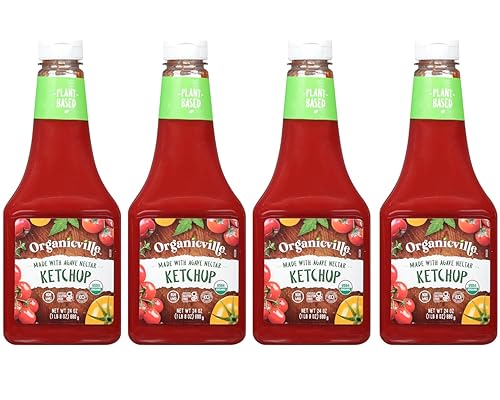 Organicville Ketchup orgánico - Ketchup de tomate, sin gluten, sin OMG, vegano, orgánico USDA, hecho con néctar de agave, salsa de tomate a base de