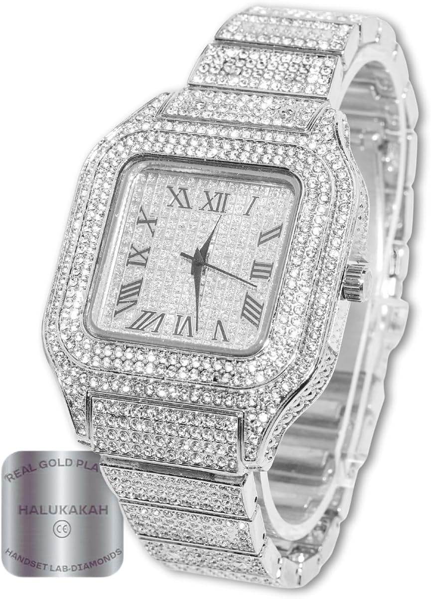 Reloj Halukakah para hombre - The King - Chapado en oro/platino de 18 quilates, esfera cuadrada de 40 mm, pulsera helada, con collar de cadena de eslabones cubanos y juego de pulsera opcional, viene en caja de regalo