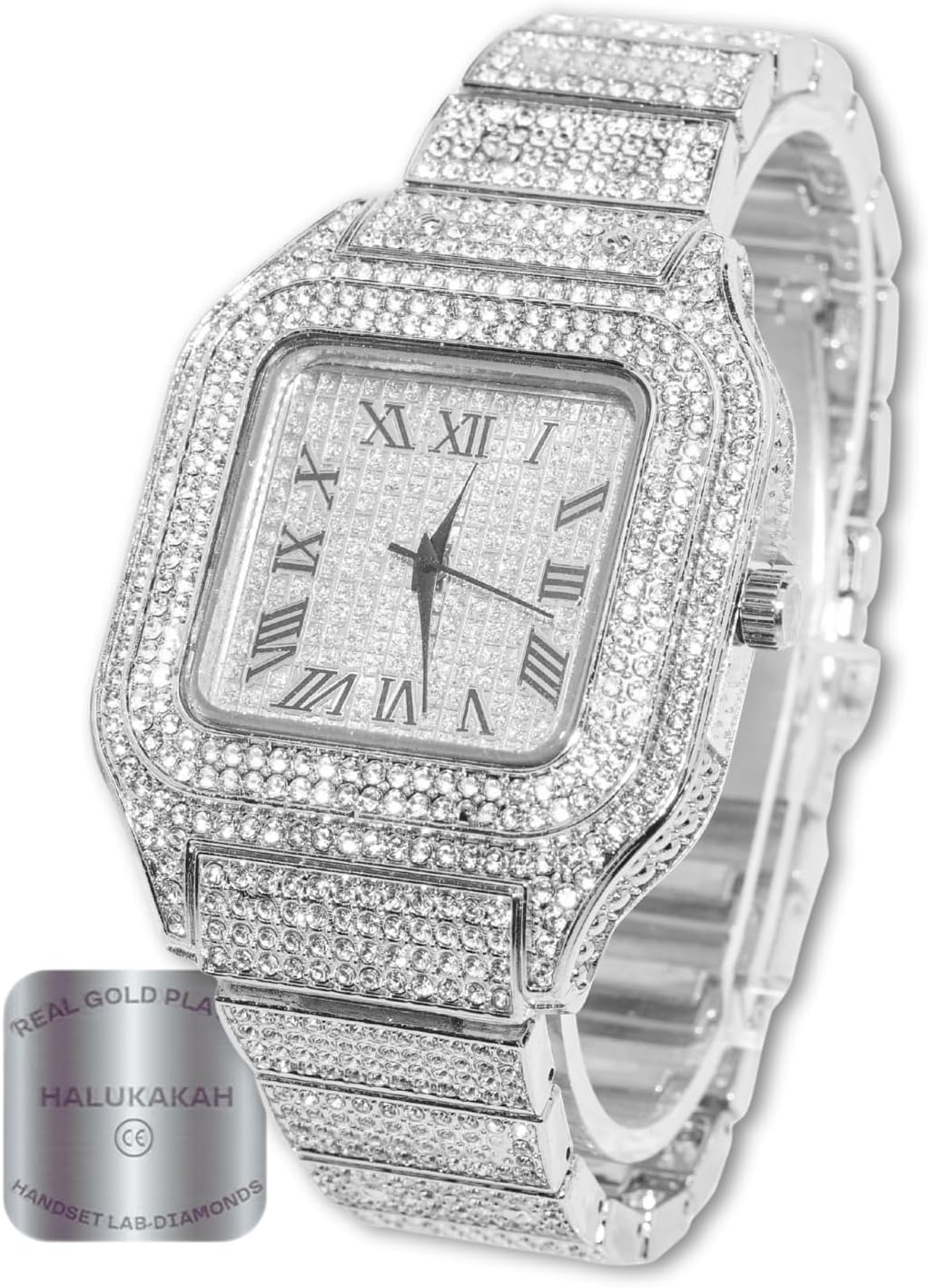 Halukakah Men’s Watch – The King – 18K Gold/Platinum Plated, 40MM Square Dial, Iced Out Wristband, with Cuban Link Chain Necklace and Bracelet Set Optional, Comes in Giftbox