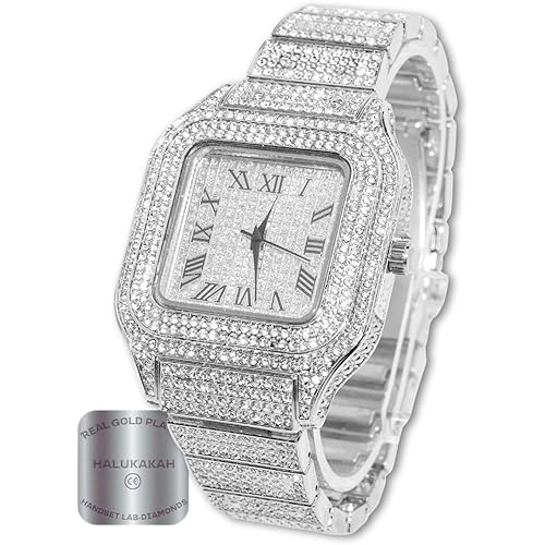 Halukakah Men’s Watch - The King - 18K Gold/Platinum Plated, 40MM Square Dial, Iced Out Wristband, with Cuban Link Chain Necklace and Bracelet Set Optional, Comes in Giftbox