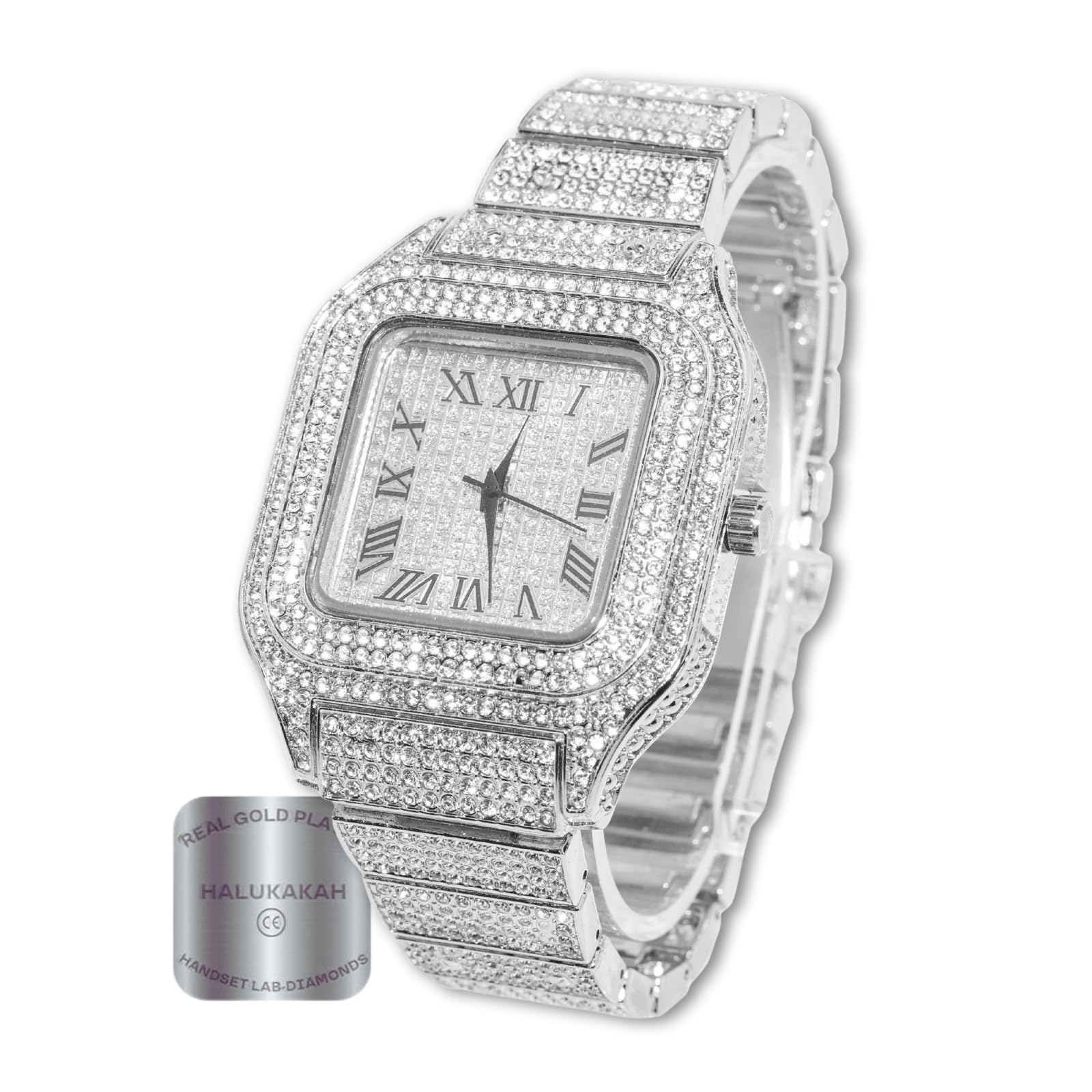 Halukakah Men's Watch - The King - Platinum Plated, 40MM Square Dial, Iced Out Wristband, Comes in Giftbox,Gift for Men Son Husband