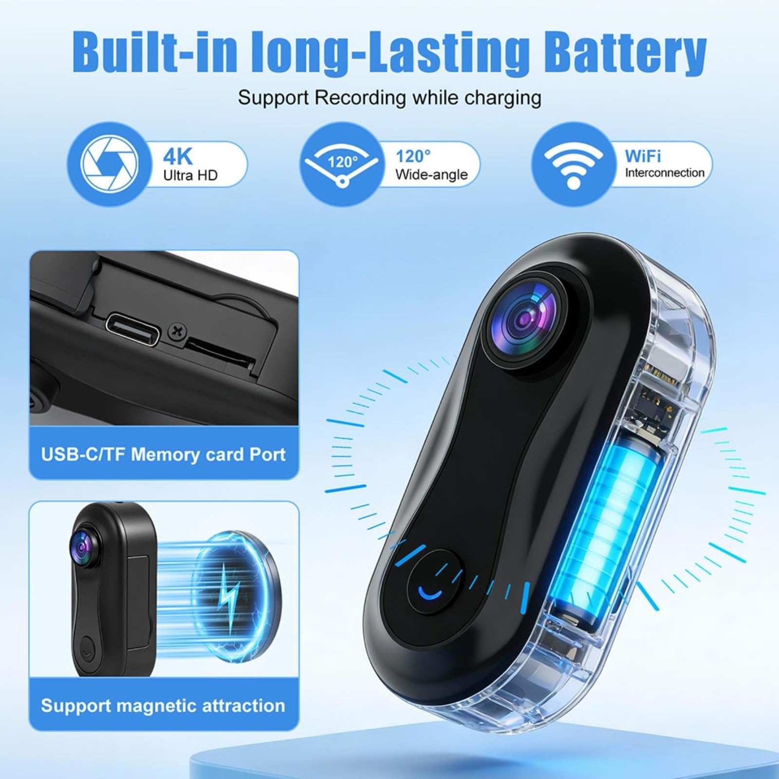 Action Camera 1080P con visione notturna e obiettivo grandangolare da 120 gradi, per vlogging, ciclismo, sci, surf, ciclismo, avventure all'aria aperta, include dieci accessori (bianco)