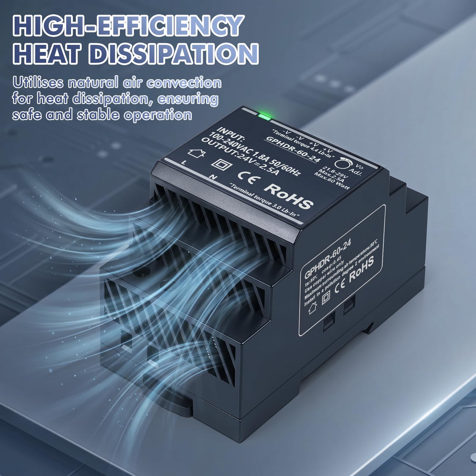 Fuente alimentacion 24v DIN 2.5A 60W hdr-60-24 din riel Entrada 100-240V CA, salida constante 24V CC/2.5 A con protección contra sobretensión sobrecarga sobrecorriente y cortocircuito.