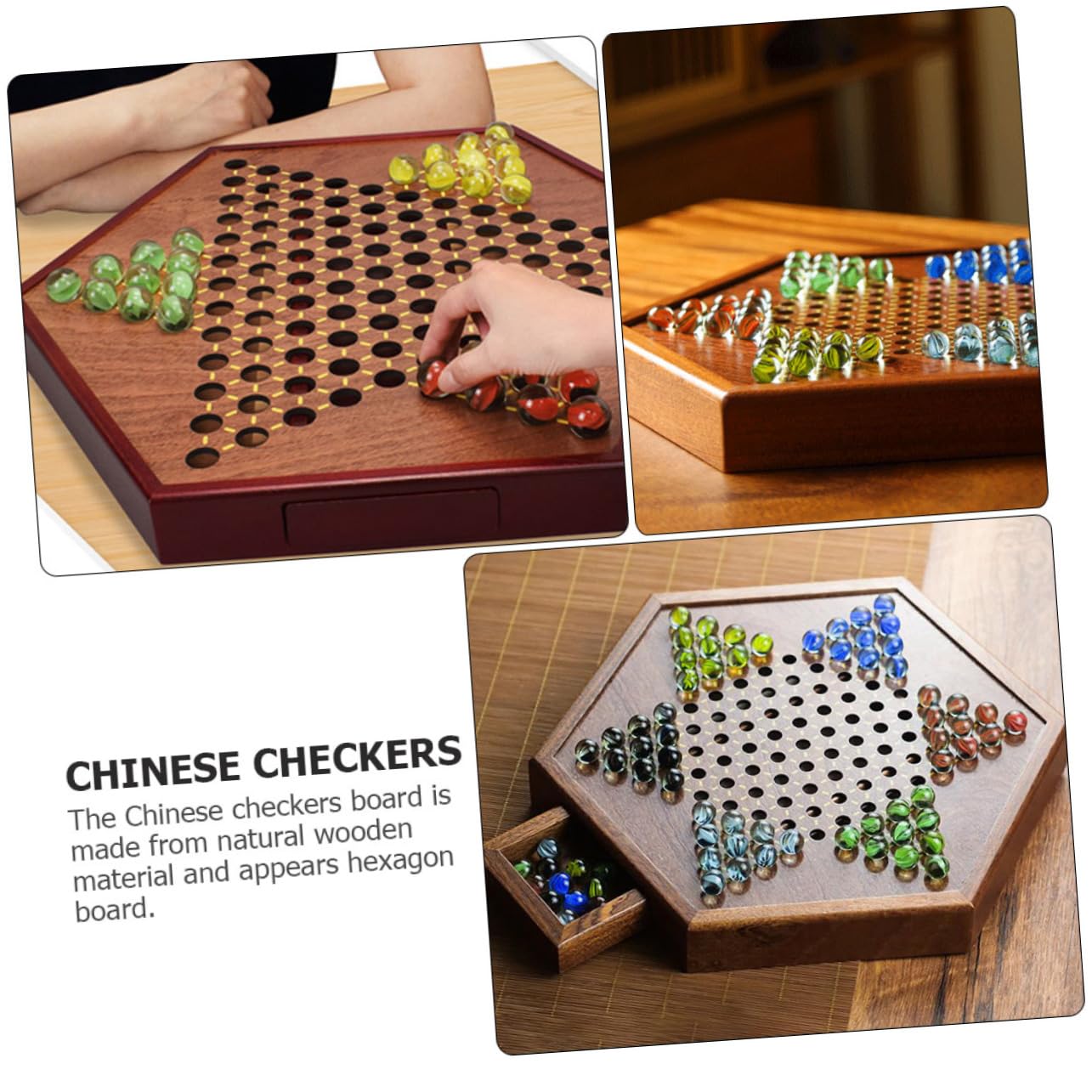 BESTonZON Set da Gioco Marrone e Cassetto Porta Biglie Dama Cinese in Legno Vassoio Esagonale e Pianificazione per Intrattenimento Familiare