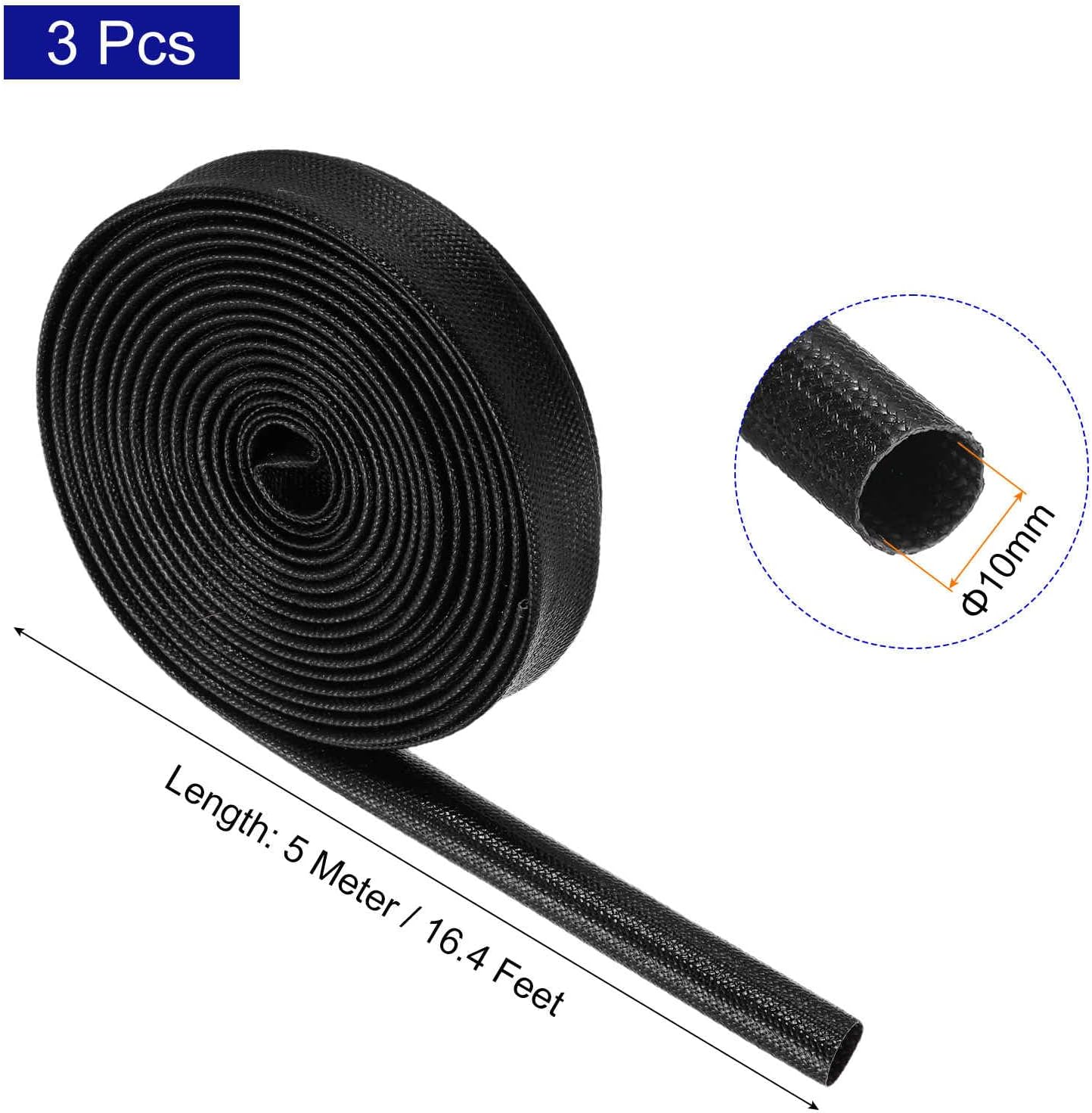 MECCANIXITY 3Pcs Wire Insulation Braid Fire Sleeve,16.4Ft-10mm ID Black, High Temp Silicone Coated Fiberglass Sleeving for Automotive Hose Lines Electrical Wiring