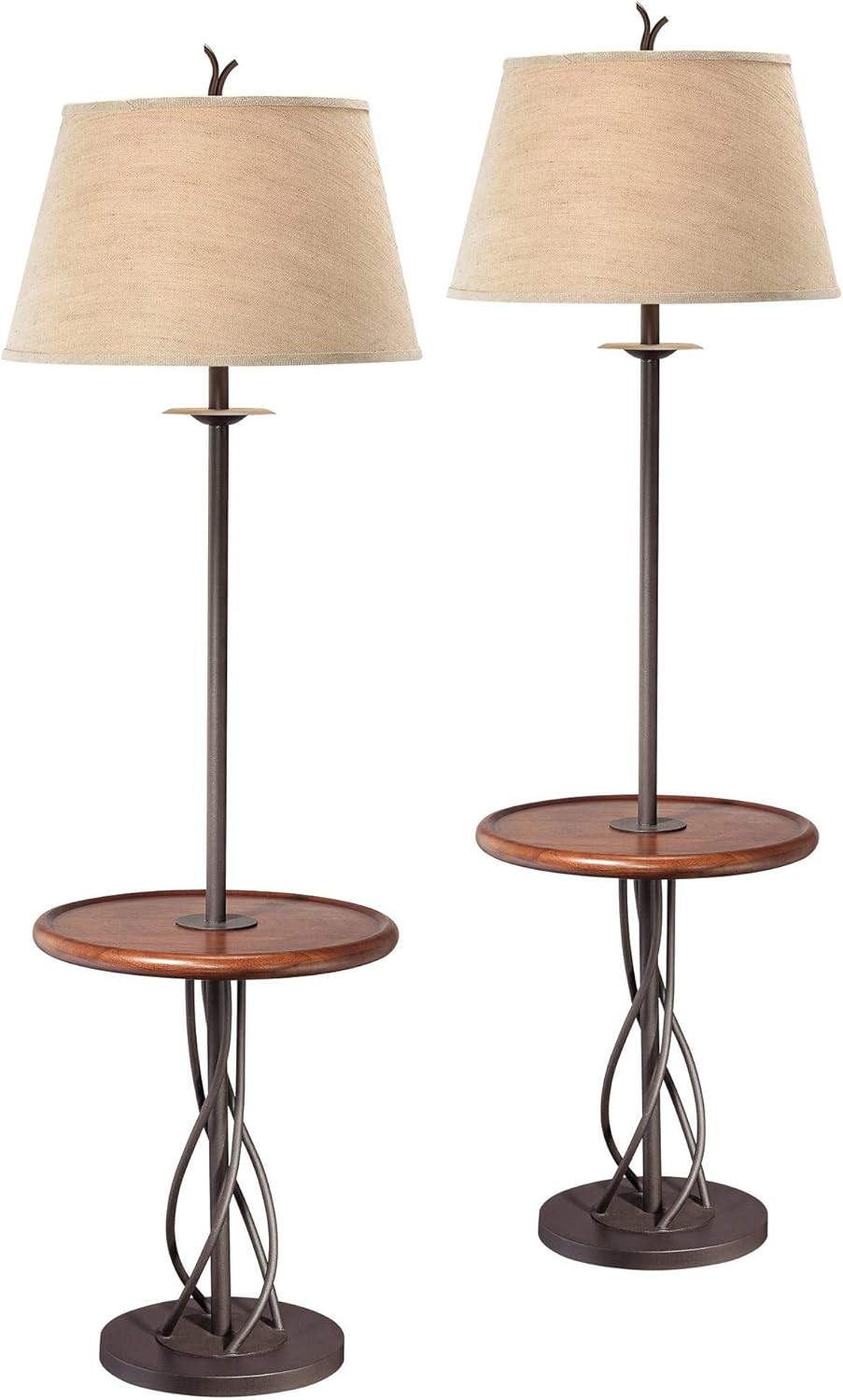 Franklin Iron Works Industrial Modern Floor Lamps Standing with Tray Table 63 1/2" Tall Set of 2 Dark Rust Iron Twist Walnut Wood Linen Bell Shades for Cottage Core Living Room Reading Bedroom