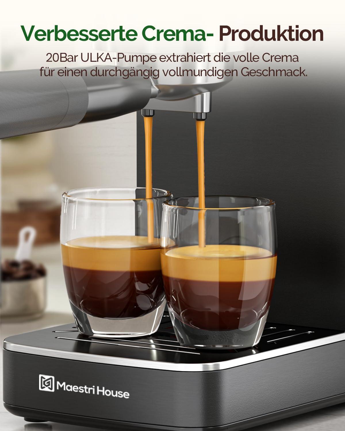 Maestri House Espressomaschine 20 Bar ULKA Pumpe, Kaffeemaschine mit Milchaufschäumer und Mengenanzeige, Edelstahl Kompaktmaschine für Cappuccino & Latte Macchiato, Schwarz