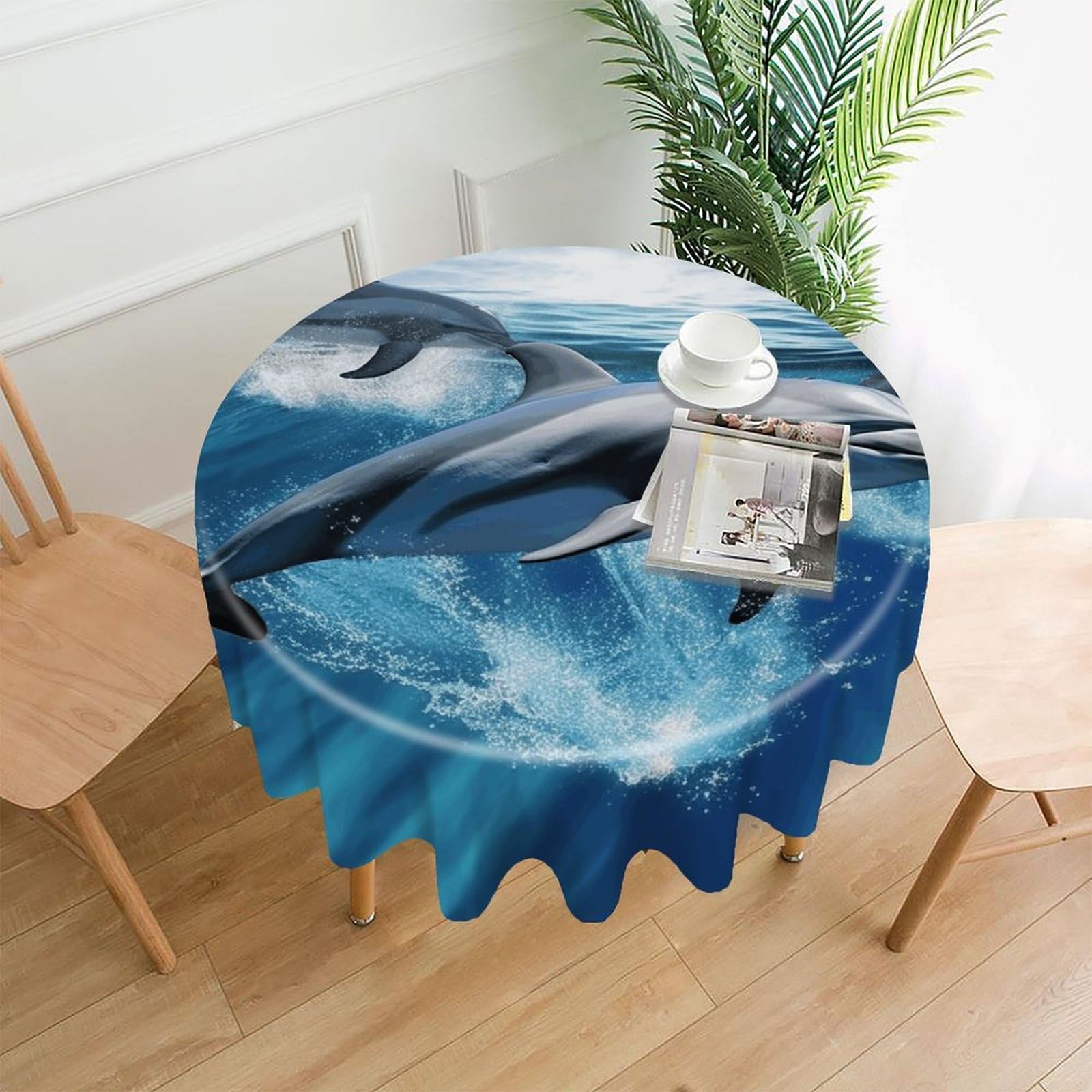 FekiLoot Dolphins Round Tablecloth Cover 60 Inch Wrinkle Free Washable Polyester Fabric Table Cover Decorative Round Table Cloth for Home Dining Kitchen Party Farmhouse