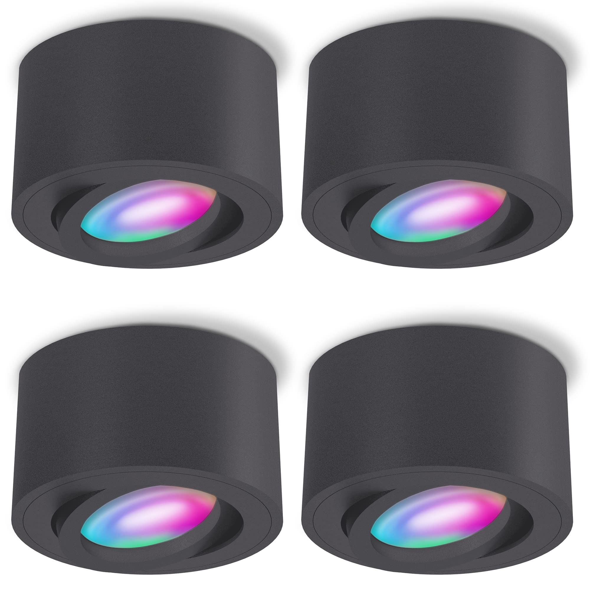 SSC-LUXon 4 Stück CELI-1N Aufbauspots flach schwenkbar kompatibel mit Alexa, Siri & Google - Deckenspot mit Smart RGB+W LED Lampe