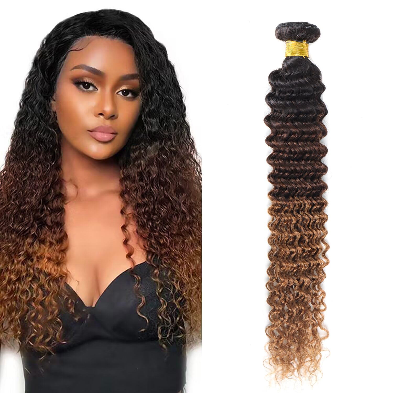 Datanala Deep Wave Ombre Human Hair Bundles Brazilian Virgin 12A Grade 100% Unprocessed Deep Wave Bundles Human Hair Extension For Women(30Inch Deep Wave 1 Bundle)