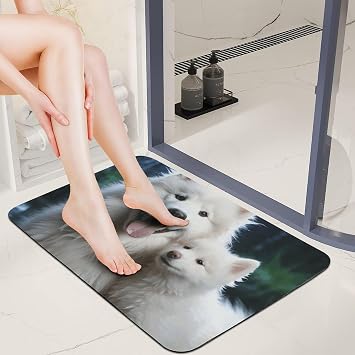 Stone Bath Mats White Dog Diatomaceous Earth Bath Mat Super Absorbent Bathroom Floor Mat Quick Drying Diatomite Shower Mat for Shower Bathtub Bathroom Accessory 16x24in
