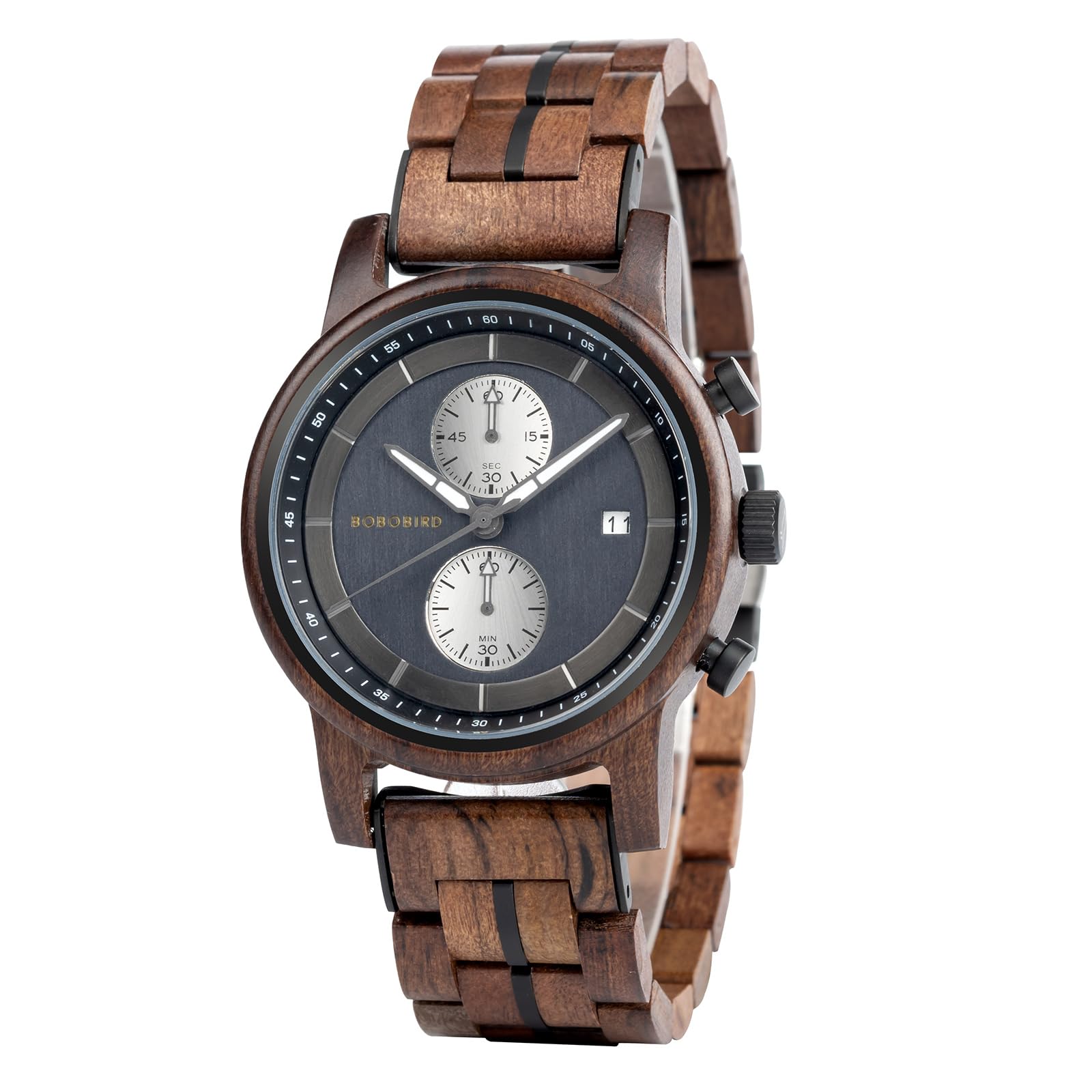 BOBO BIRD Orologio cronografo da uomo in legno, cassa in legno naturale da 44 mm, movimento al quarzo giapponese, orologio casual da donna, regalo per lui
