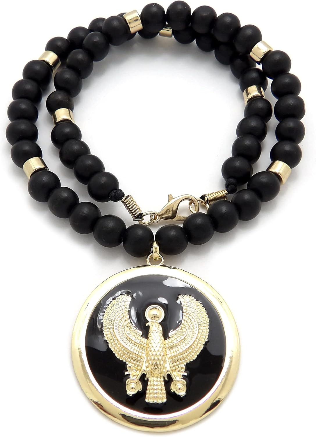 CBC Crown Egyptian Adinkra Cleopatra Falcon Round Medallion Pendant 6mm 18"/20"/24"/30" Wooden Bead Necklace in Gold Tone