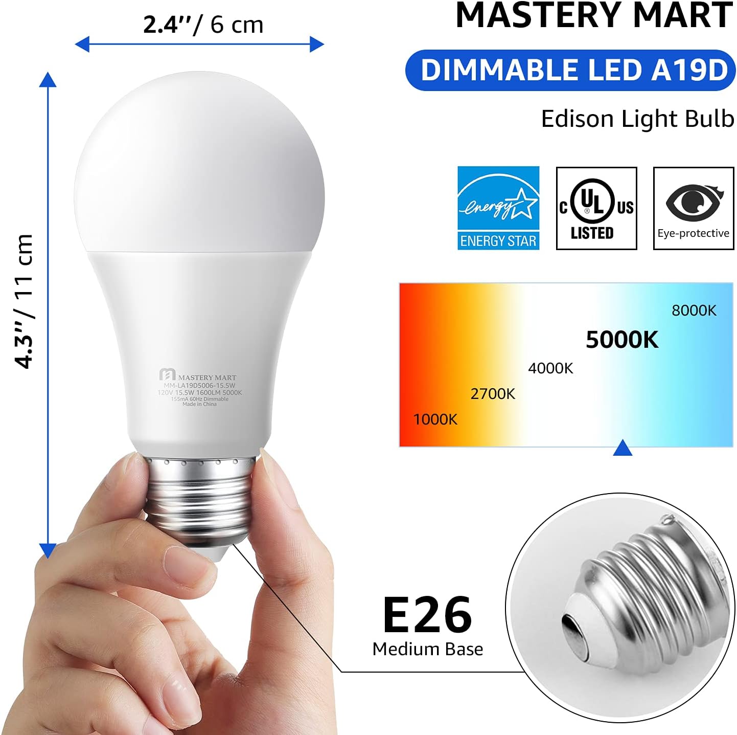 MASTERY MART Bright Led Light Bulbs 15.5 Watt [100 Watt Equivalent], A19 - E26 Dimmable, 5000K Daylight White, 1600 Lumens, Medium Screw Base, Energy Star, UL Listed (Pack of 6)