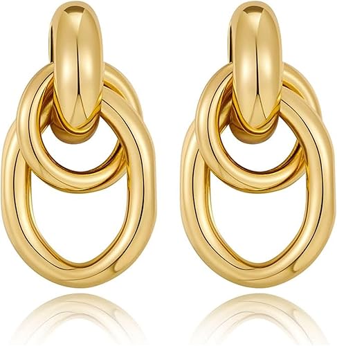 Chunky Gold Earrings for Women Trendy Knot Link Circle Geometric Dangle Earrings