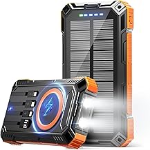 Solar Power Bank 49800mAh Wireless Portable Charger with USB-C 15W Fast Charging with 4 Built-in Cables LED Flashlight Battery Pack Compatible with iPhone, iPad, Smartphone,Perfect for Camping, Hiking