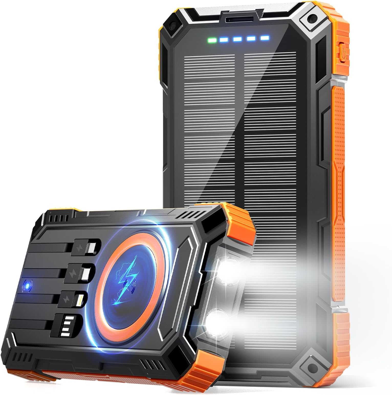 Power Bank 49800mAh Solar Charger Wireless Charging USB-C 5V/3.1A Fast Charging with 4 Built-in Cables LED Flashlight Battery Pack Compatible with iPhone, iPad, Galaxy, Perfect for Camping, Hiking