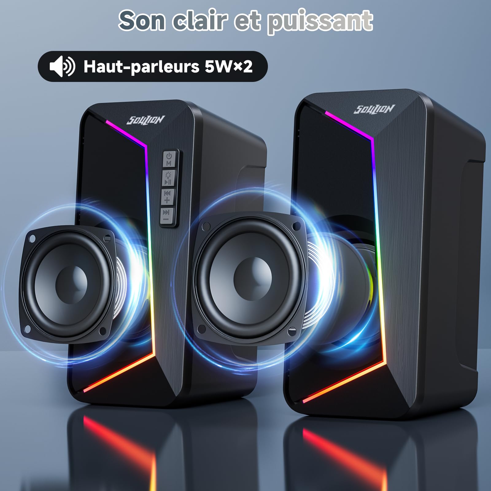 SOULION R40 Enceintes PC, Haut-parleurs alimentées par USB-C/USB avec contrôle du volume, éclairage LED, enceintes d'ordinateur avec mode USB/Bluetooth pour smartphones, ordinateurs portables, 1 paire