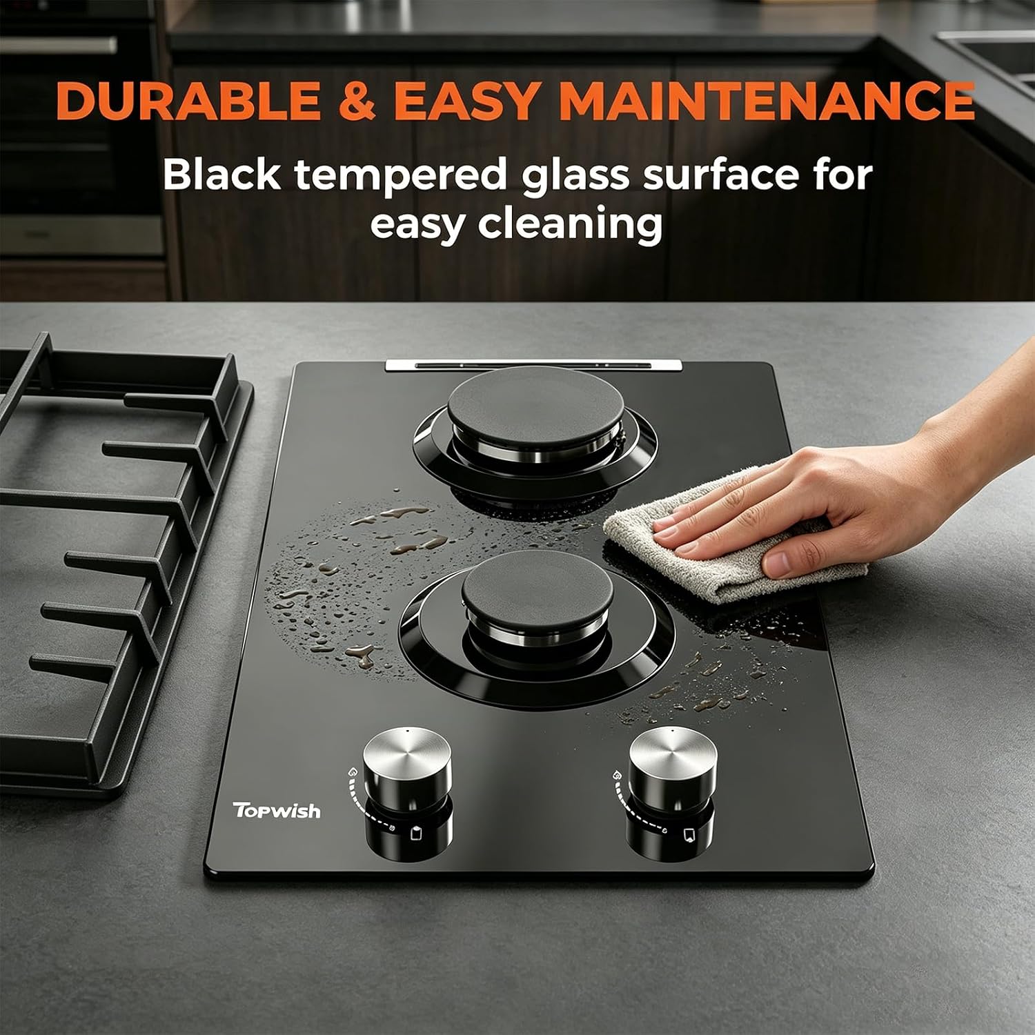 TOPWISH 12 Inch Gas Cooktop, 18000 BTU 2 Burner Black Tempered Glass Gas Stove, LPG/NG Convertible Dual Fuel, Built-in Propane Stove Top with Thermocouple Protection for Kitchen, Apartment, RV