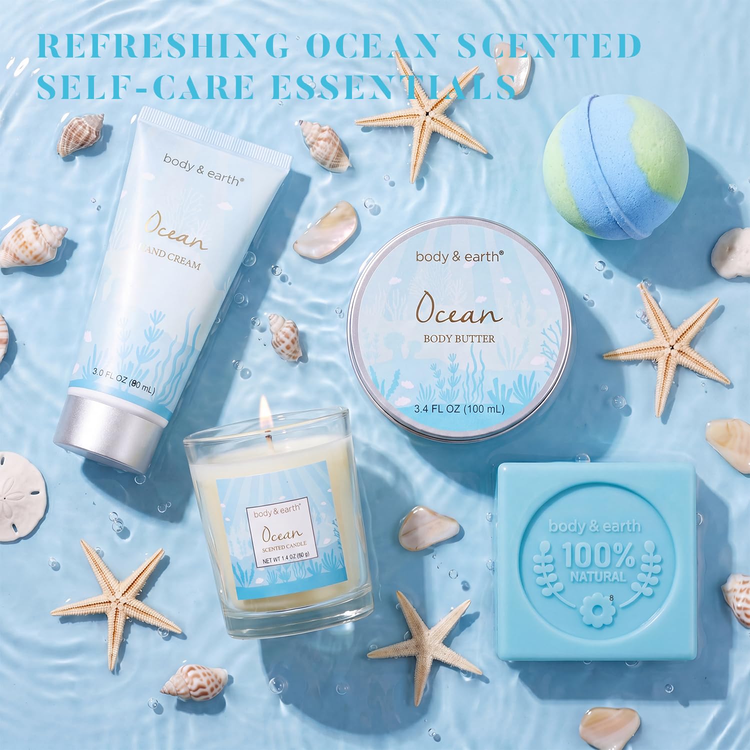 Gifts for Women, Bath and Body Womens Gift Sets with 5 Pcs Ocean Scented Spa Gifts for Women Bath Gift with Scented Candle Body Butter Hand Cream Bath Bomb Mothers Day Gifts