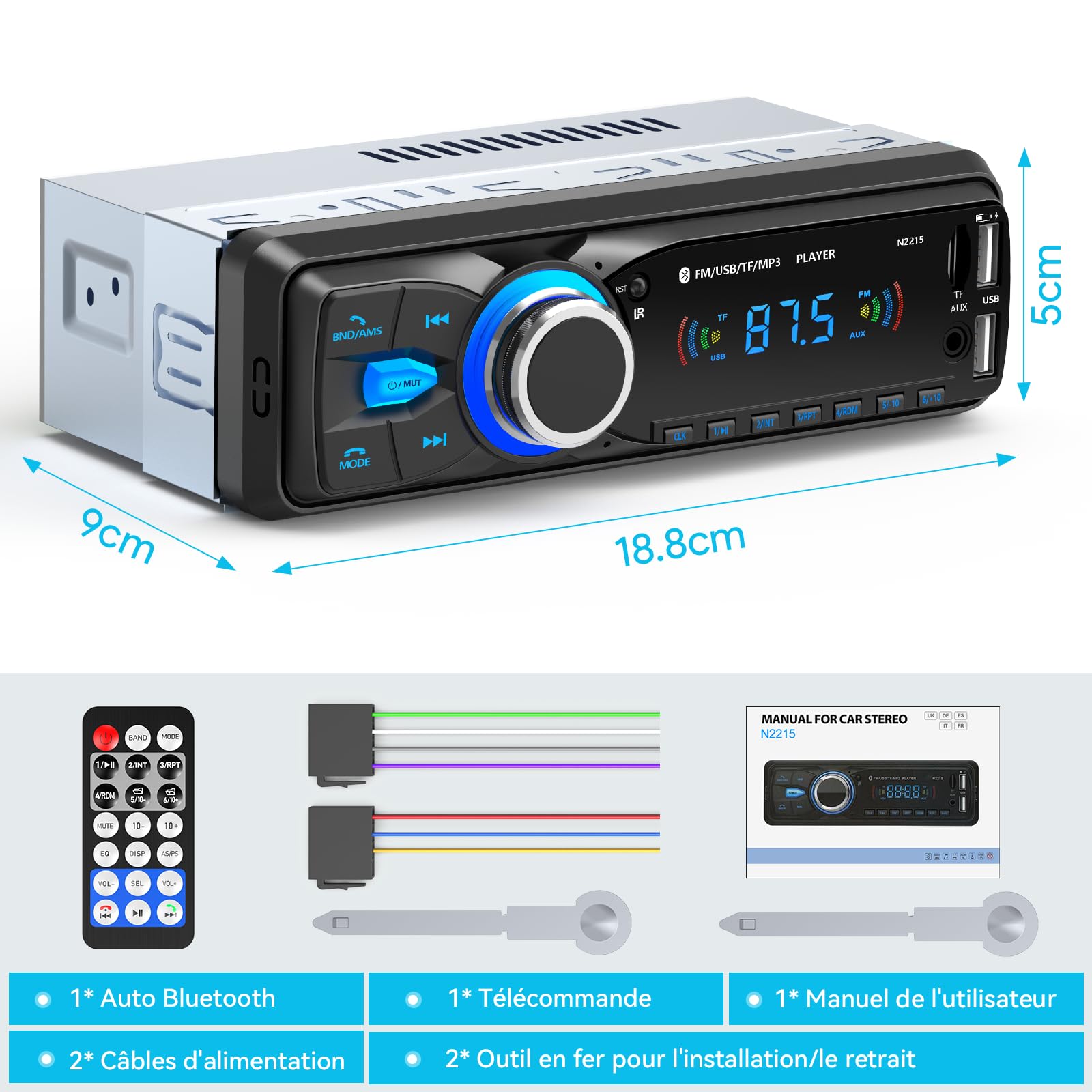 Autoradio Bluetooth, Wistrue Poste Radio Voiture Bluetooth avec Main Libre, FM 1 DIN Autoradio avec Port de Charge USB (2.1A), Lecteur MP3 et 2 USB/AUX/SD, Supporte WMA/WAV