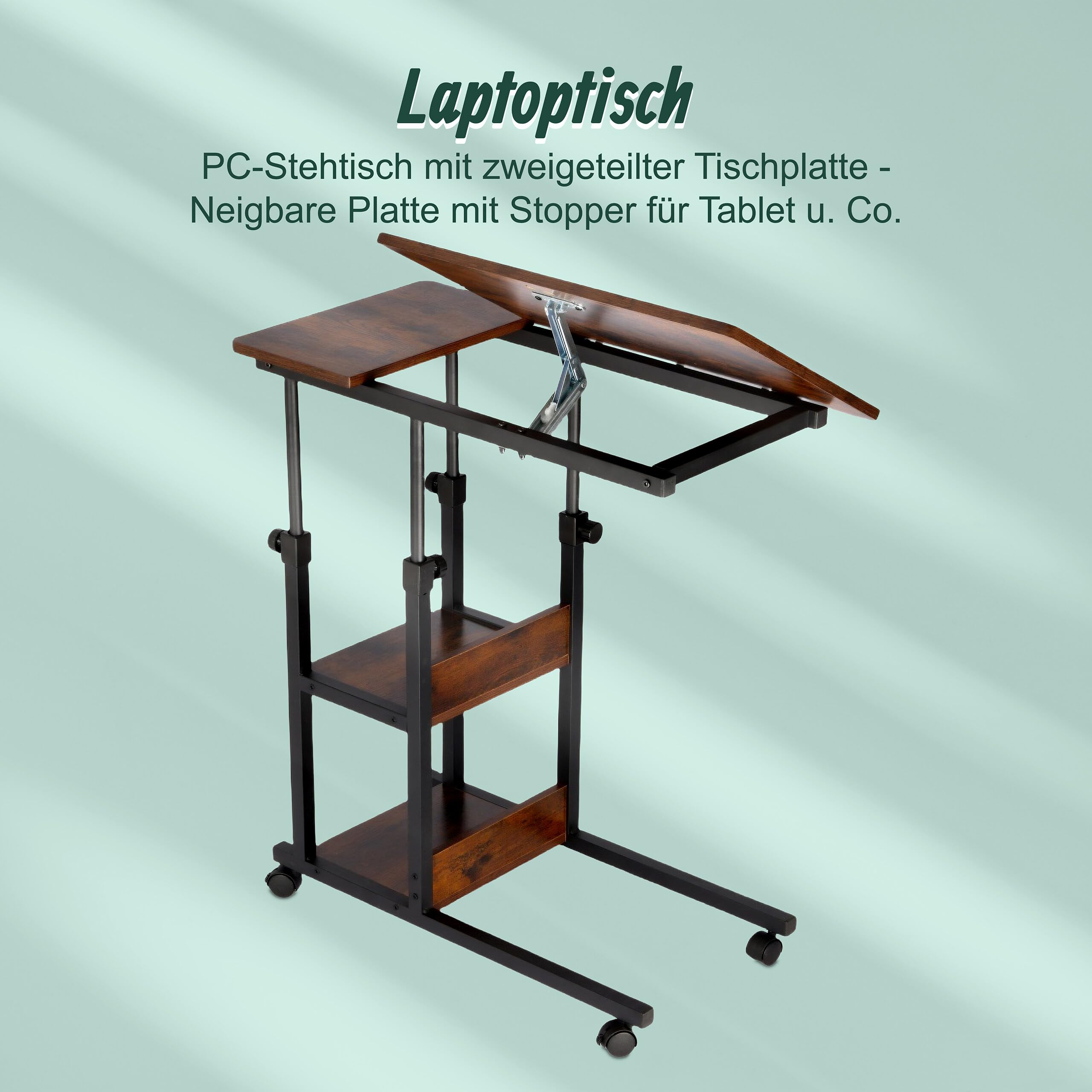 Relaxdays Laptoptisch, 63–90 cm höhenverstellbar, neigbar, Beistelltisch mit Rollen, 2 Ablagen, C-Form, braun/schwarz